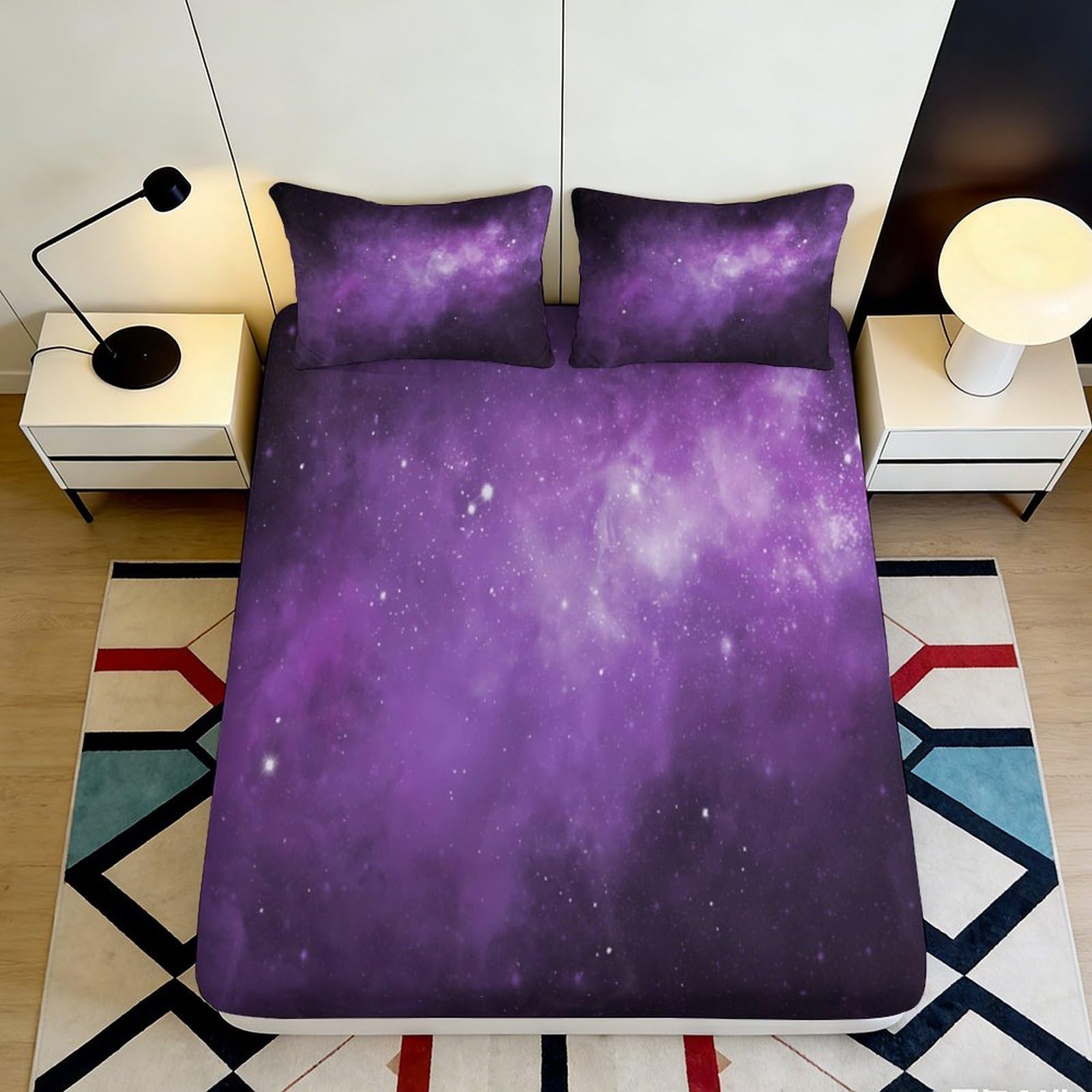 3D Printed Galaxy Starry Sky Fitted Sheet Microfiber Purple Cosmic Nebula Mattress Cover Bedroom Dorm Decor 120gsm 120x200x25cm
