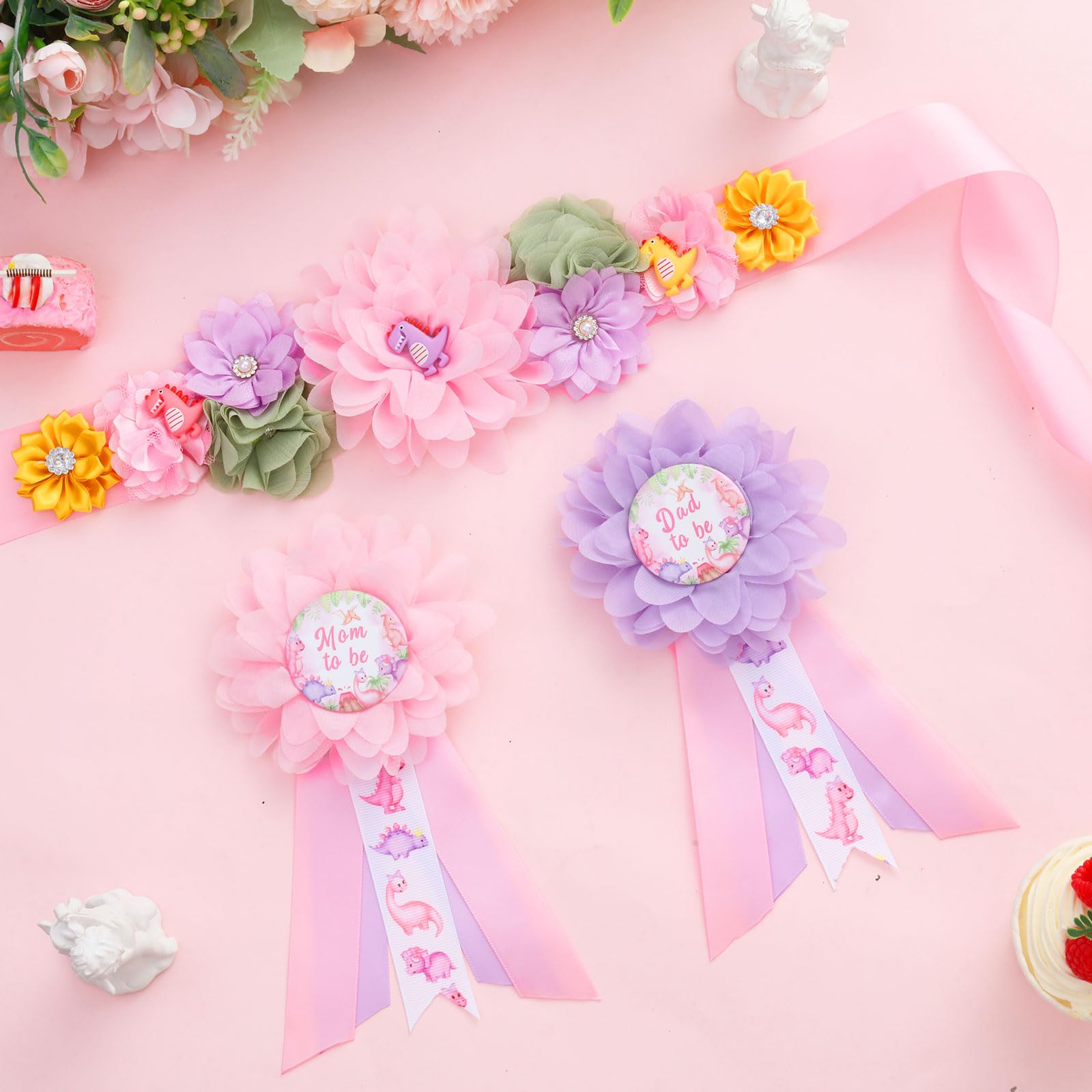 JOYMEMO Baby Shower Schärpe Kit – Bauchgürtel & Anstecknadeln Für Werdende Mama & Papa, Weiß-gold