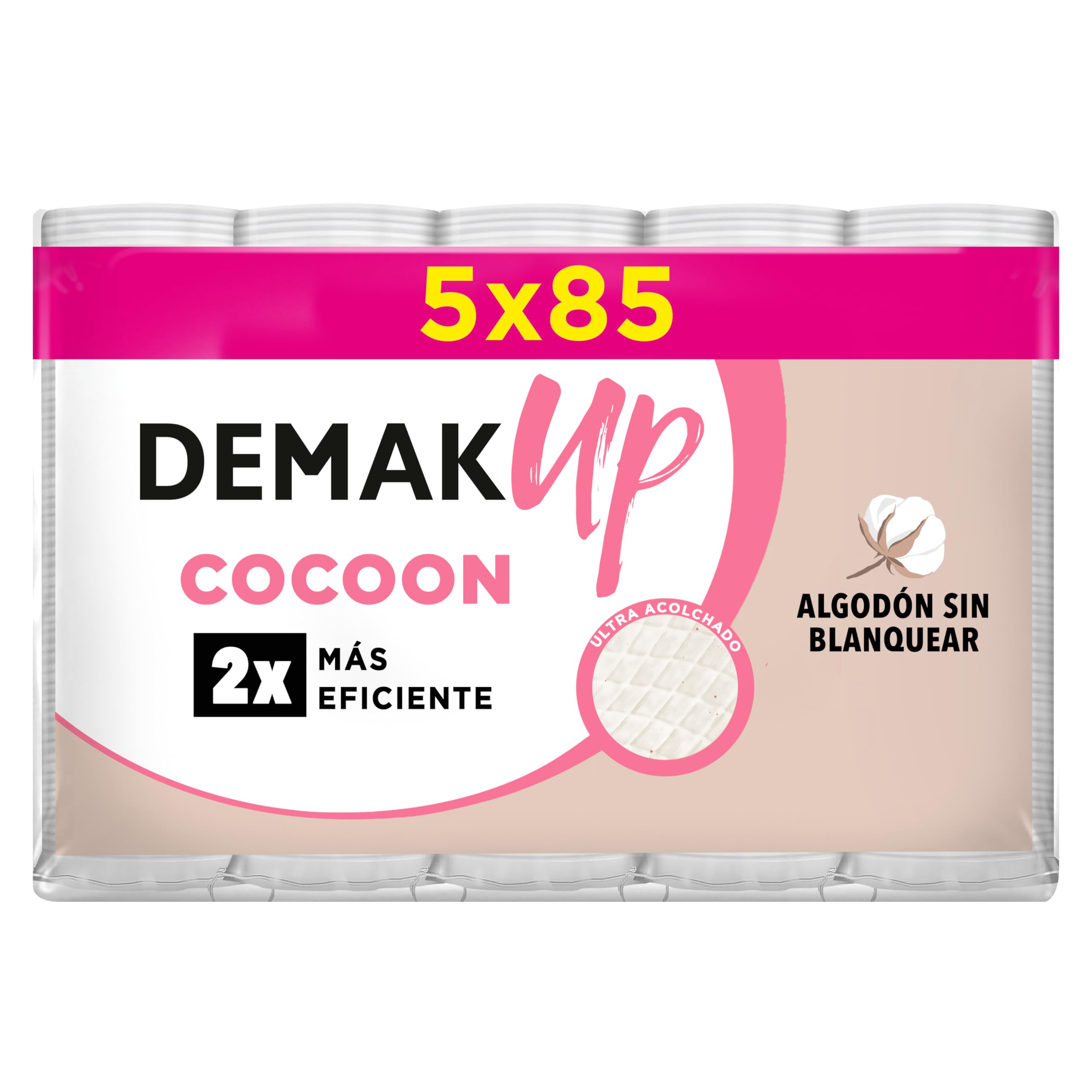 Demak'up Cocoon - Discos desmaquillantes de algodón, tamaño grande, 5 paquetes de 85 discos, 425 almohadillas en total