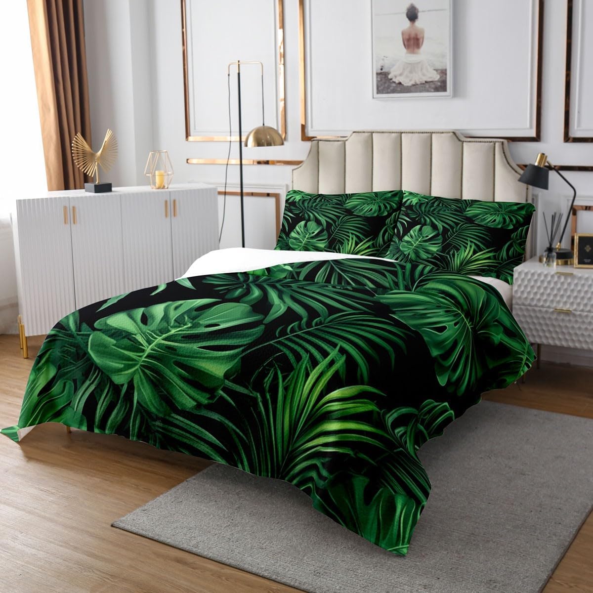 Erosebridal Palm Leaves Coverlet Sets Green Watercolor Tropical Plants Bedspread Sets King Size for Kids Boys Girls,Summer Hawaii Jungle Botanical Quilt Set Monstera Banana Leaves Bed Set