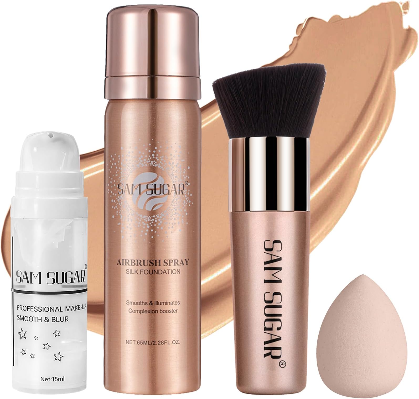 AirBrush Foundation Spray Set, Spray Foundation Makeup and Hydrating Face Primer Kit, Longwear Waterproof Liquid Matte Foundation Mist for Flawless Look, Brush and Sponge Include (#6 Sunny Beige)