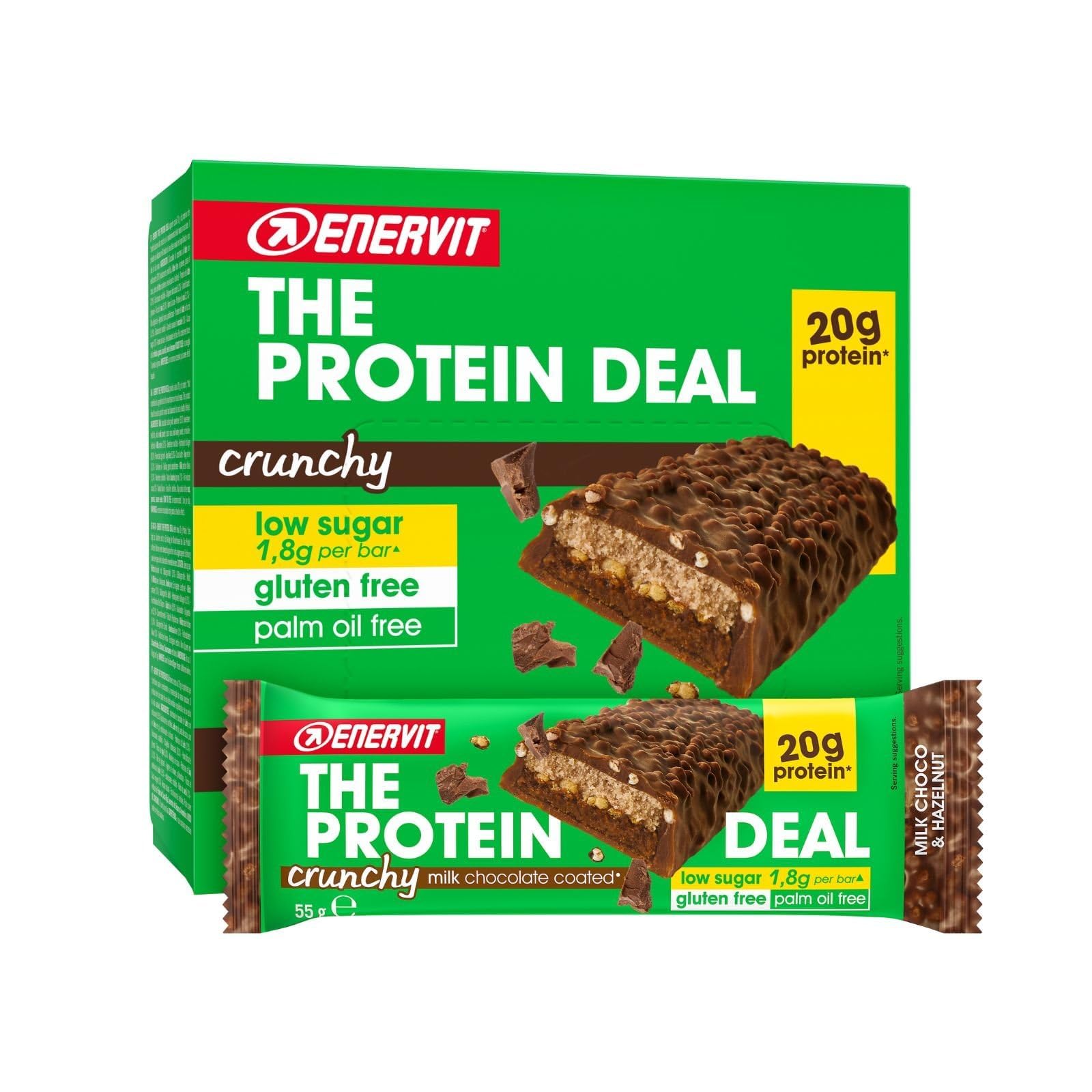 Enervit The Protein Deal Milk Choco & Hazelnut – Proteinriegel, Haselnuss und Milchschokolade, 20 g Protein, 1,8 g Zucker, leckerer und ausgewogener Snack, Glutenfrei, 12 Riegel à 55 g