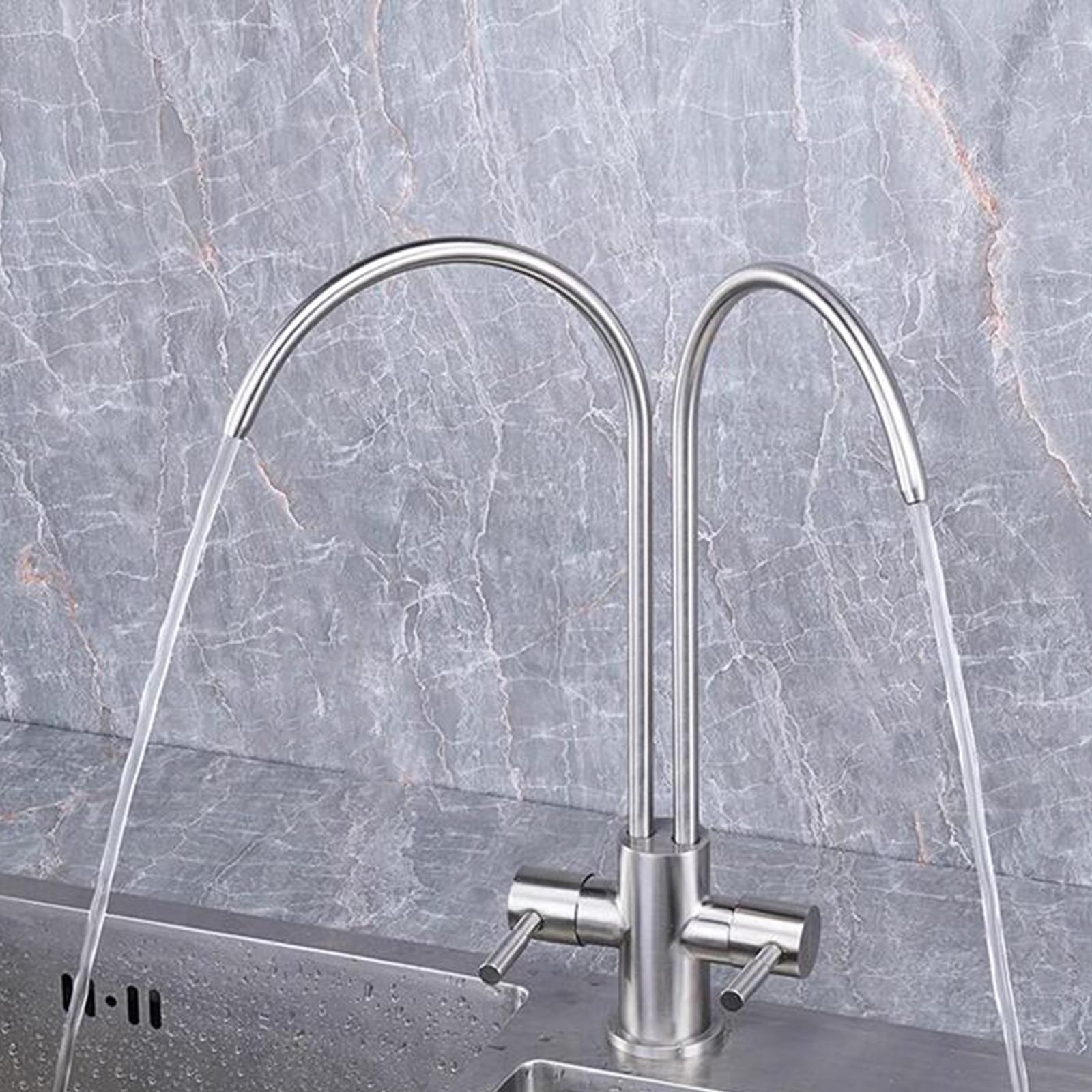 Grifo con Filtro de Agua, Doble Tubo, Doble Salida, Grifo de Agua purificada, Acero Inoxidable, Cepillado