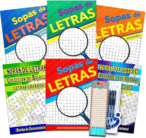 Libros de rompecabezas de búsqueda de palabras en español para adultos mayores, juego de 6 libros de búsqueda de palabras (más de 390 rompecabezas