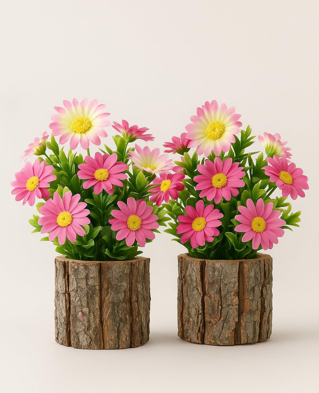 AceList Artificial Flowers Set of 2 - Rustic Farmhouse Decor for Bathroom Shelf, Office Desk Small Faux Daisy Potted Plants with Real Wood Bark Texture Centerpiece & Gifts for Women