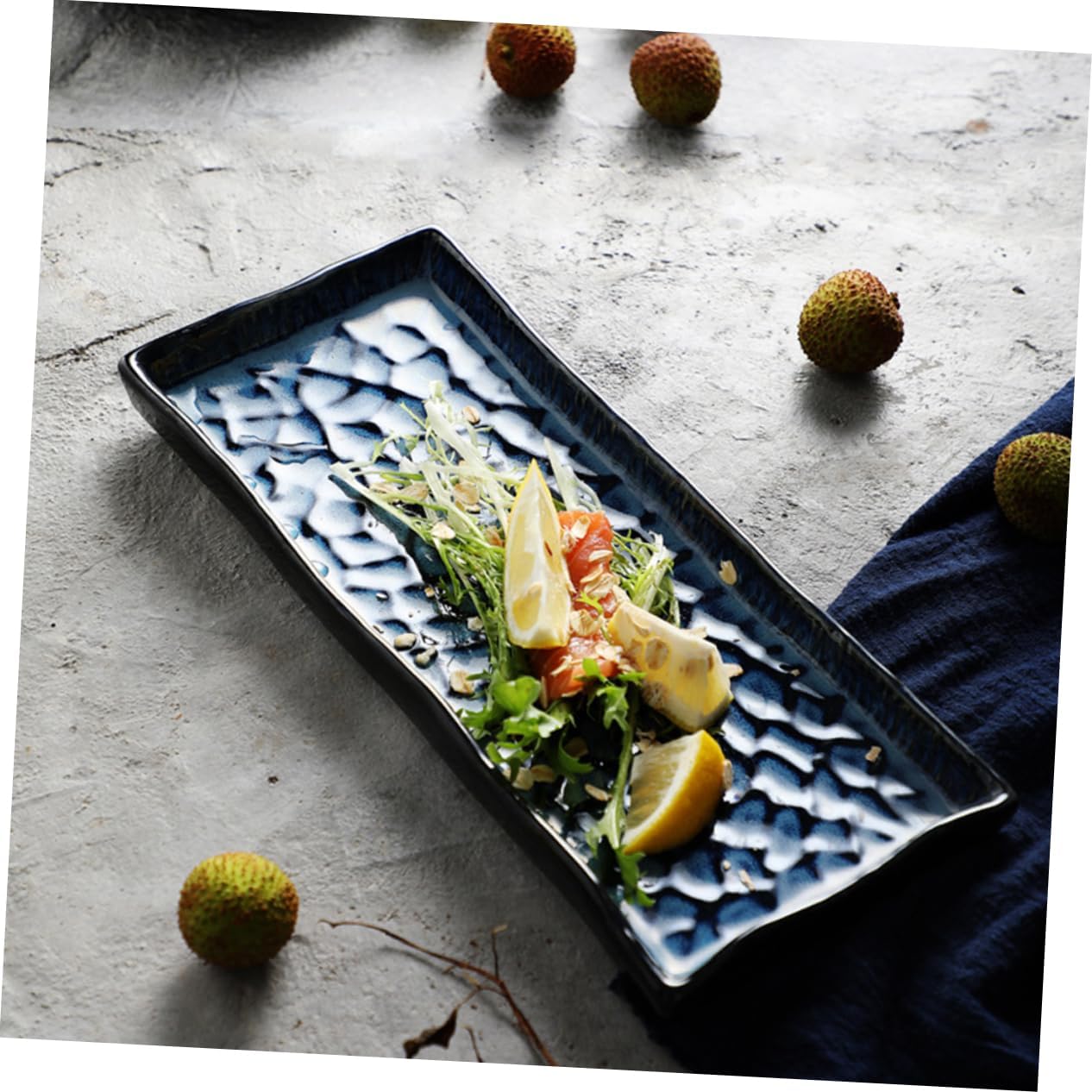 Embossed Ceramic Rectangular Sushi Serving Plate Blue Fish Pasta Tray