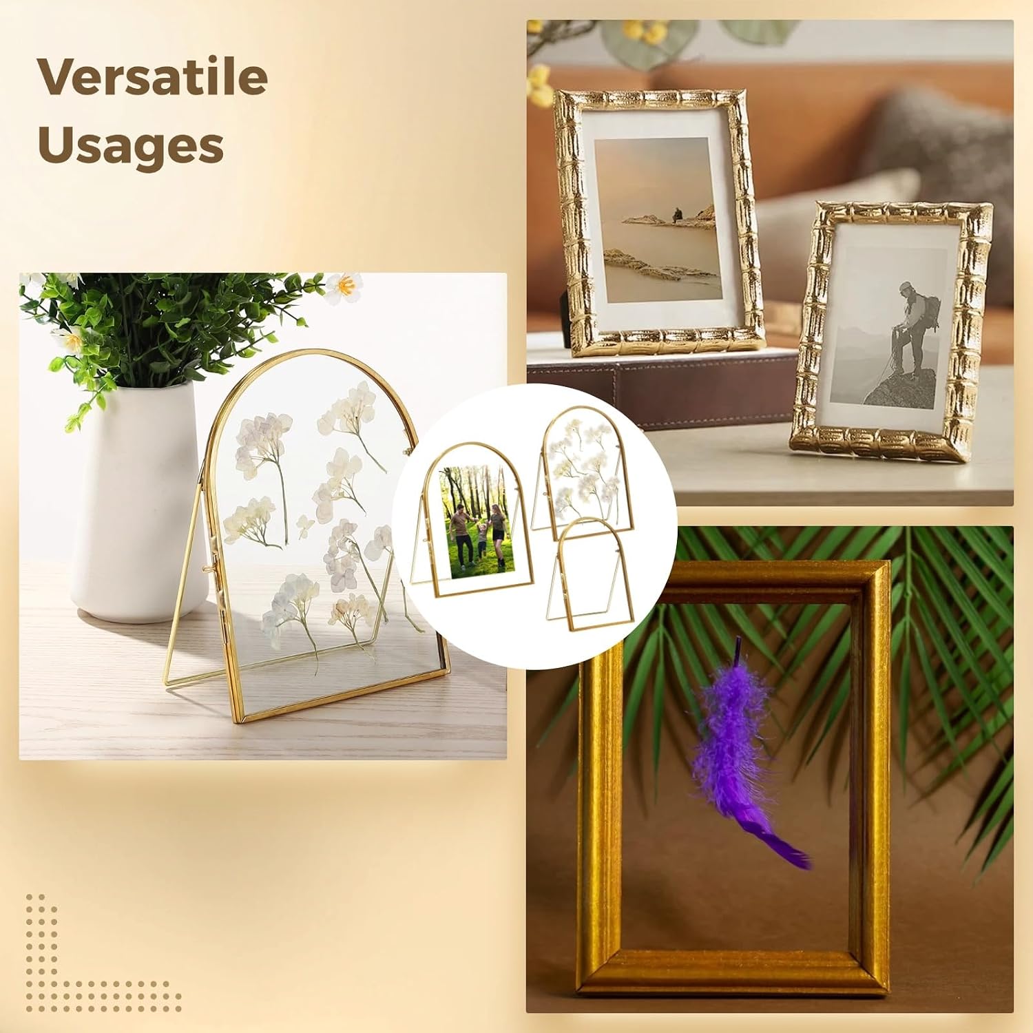 OMISTAR 3 Pcs Double Sided Glass Photo Frame, Brass Metal Arched Picture Stand, Includes 6 in, 7 in, and 8 in Sizes, Tabletop Display for Pressed Flowers, Photos, Pictures Home Decor Gift Idea