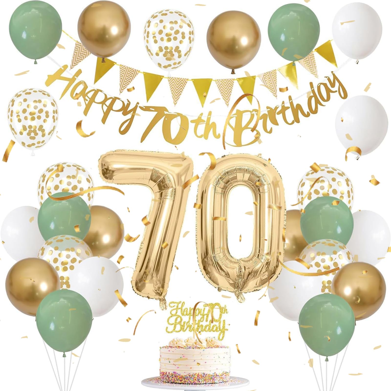 Sage Green & Gold 70th Birthday Decorations Set - Complete Party Decorations Featuring Large Gold Foil Number Balloons, Happy Birthday Banner, Bunting Garland, Glittery Cake Topper, Assorted Balloons — image 1