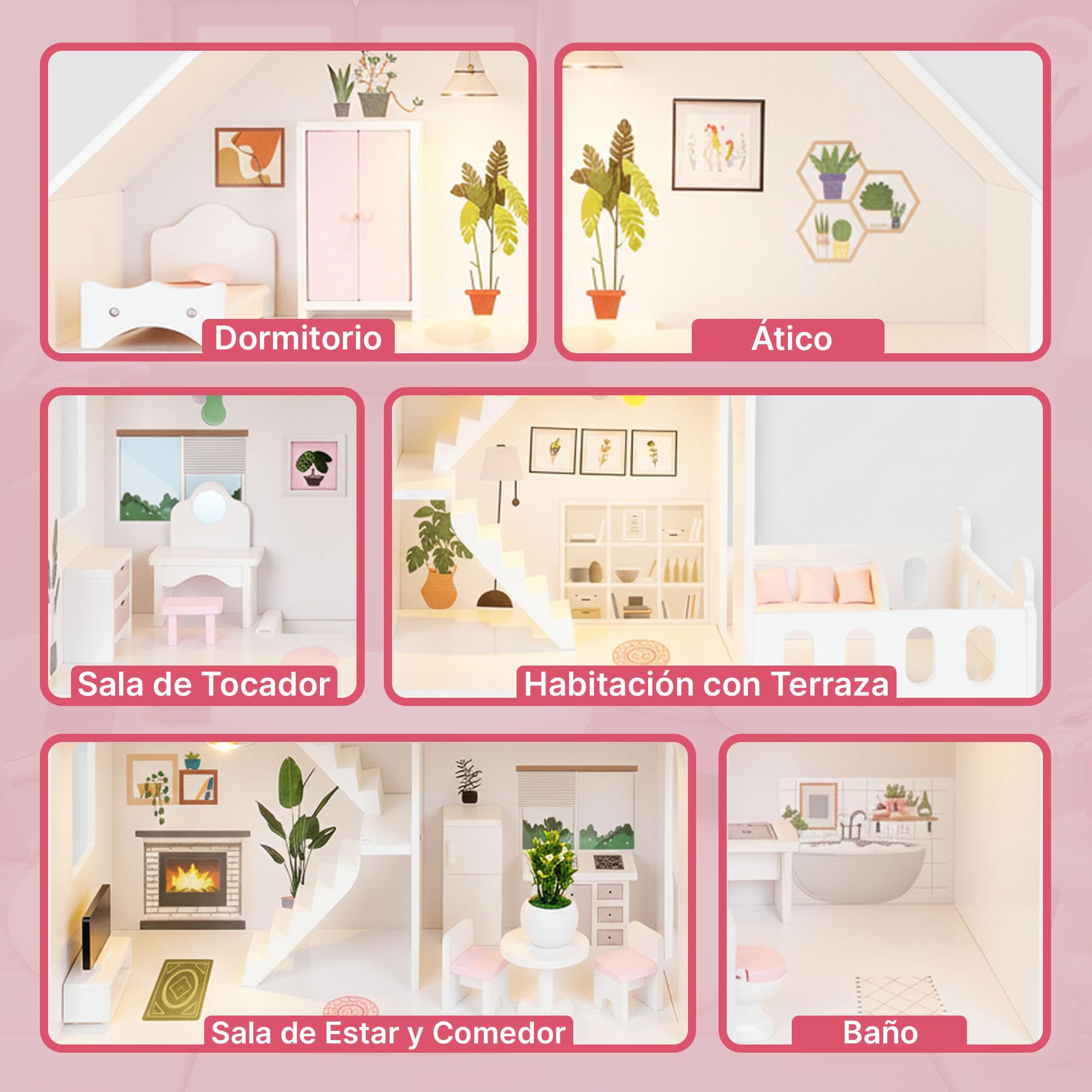 Barbie Casa de muñecas de madera grande 118 cm – Kinderplay 3 pisos casa de muñecas para niños con muebles, luz LED, pegatinas y accesorios – Casa de juegos de madera moderna regalo a partir de 3 años
