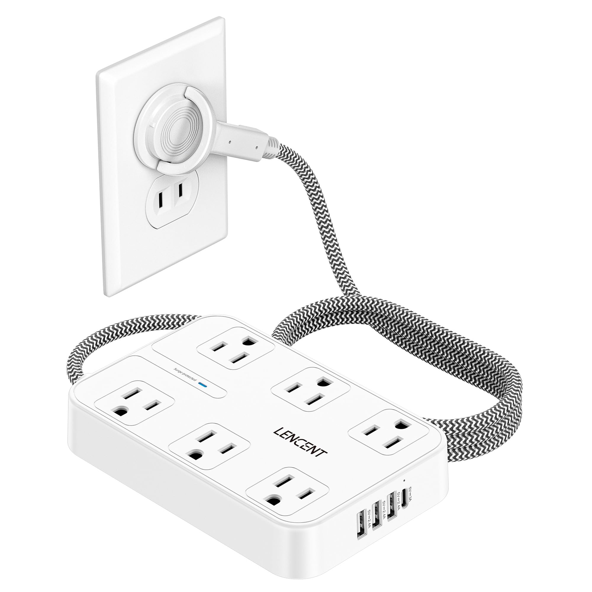 2 Prong Power Strip,2 Prong to 3 Prong Outlet Adapter,Two Prong Surge Protector, 6ft Braided Flat Plug Extension Cord, 6 AC & 4 USB (1 Type-C), Wall Mount for Non-Grounded Outlet