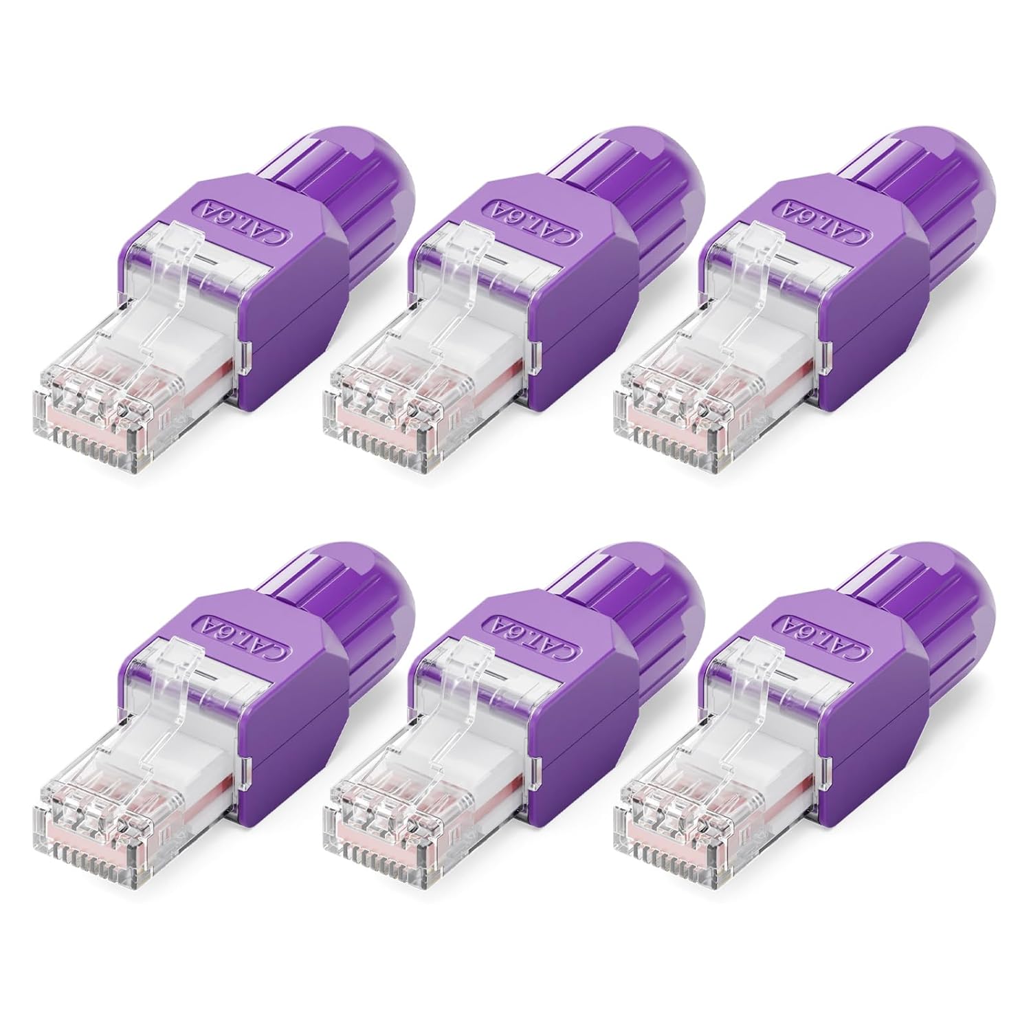VCELINK CAT6A Tool-Free RJ45 Connector, No-Crimp Compact UTP Reusable Plug for Field Termination for 23-26 AWG Ethernet Cables, 10 Gbps, 6 Pack, Purple