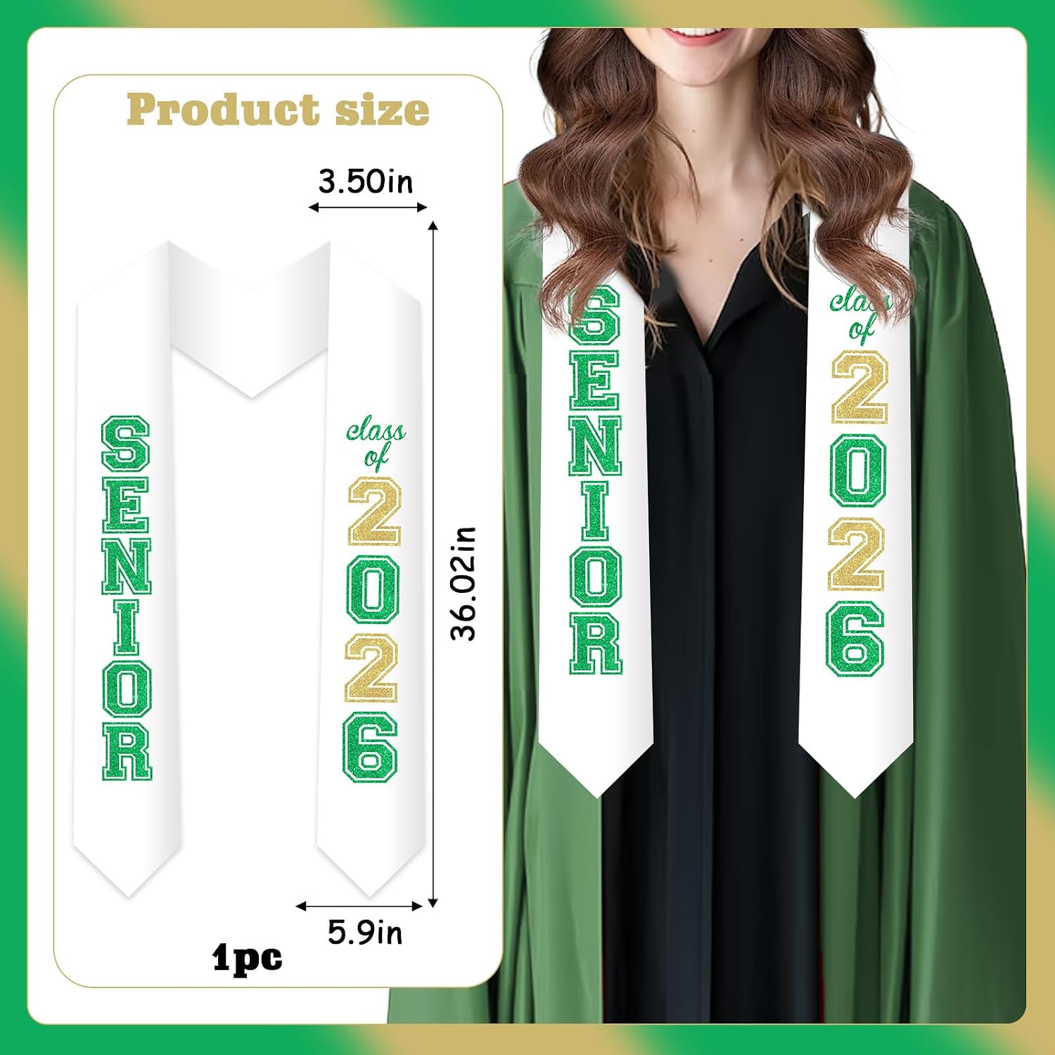Jollyboom Senior Graduation Stole Class of 2026 Green, Graduation Honor Stole Sash with Glitter Letter Class of 2026 Senior Night Graduation Accessory Gift for Graduation Ceremony Congrats Grad Party