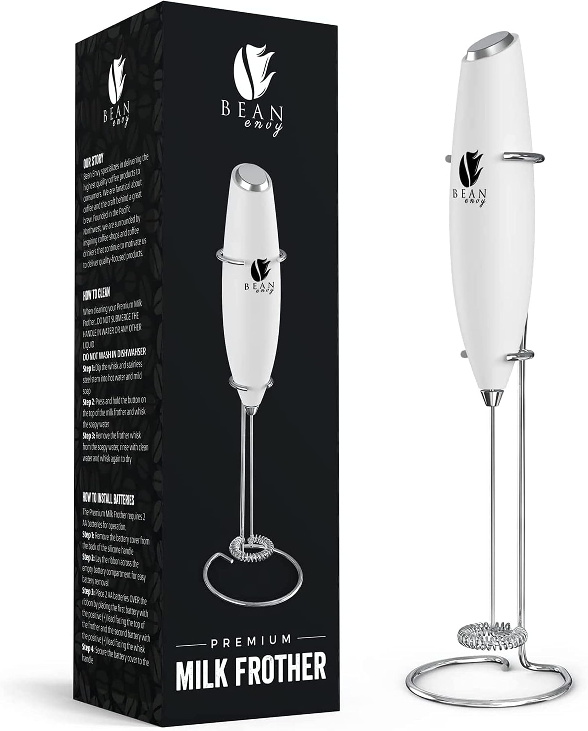 Bean Envy Milk Frother Handheld for Coffee - Electric Hand Blender, Mini Drink Mixer Whisk & Coffee Foamer Wand with Stand for Lattes, Cappuccino, Matcha and Hot Chocolate - Kitchen Gifts - White