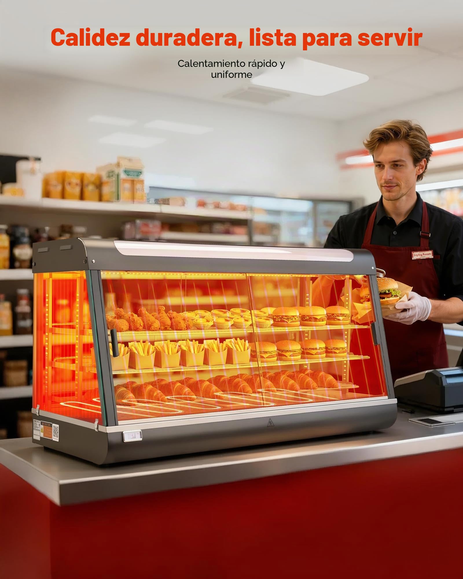 VEVOR Vitrina de Calor para Hostelería 3 Niveles 1600 W, Expositor Calentador de Alimentos 180 L con Luz LED, Estantes Extraíbles, 30 °C a 85 °C, para Tapas, Hamburguesas, Pizzas, Pan, Pollo Frito