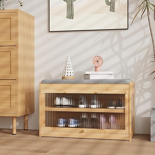 YU YUSING Zapatero de bambú con cojín extraíble, compartimento de almacenamiento oculto, organizador de almacenamiento de zapatos de entrada para