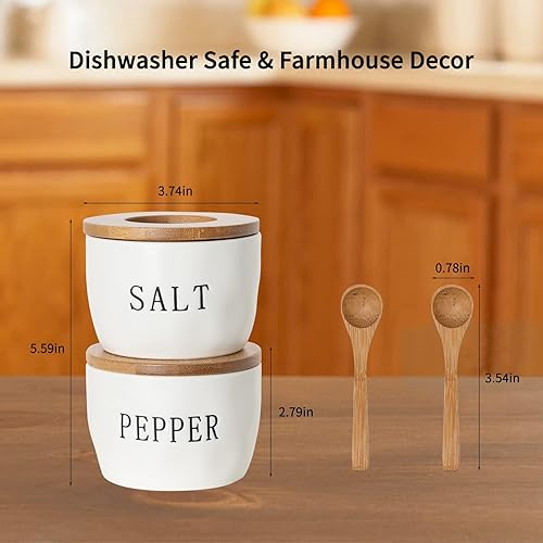 Miniatura 6 de Juego de 2 cuencos de sal y pimienta, recipientes de cerámica para sal y pimienta con tapa hermética visible de bambú y cuchara, juego de agitadores