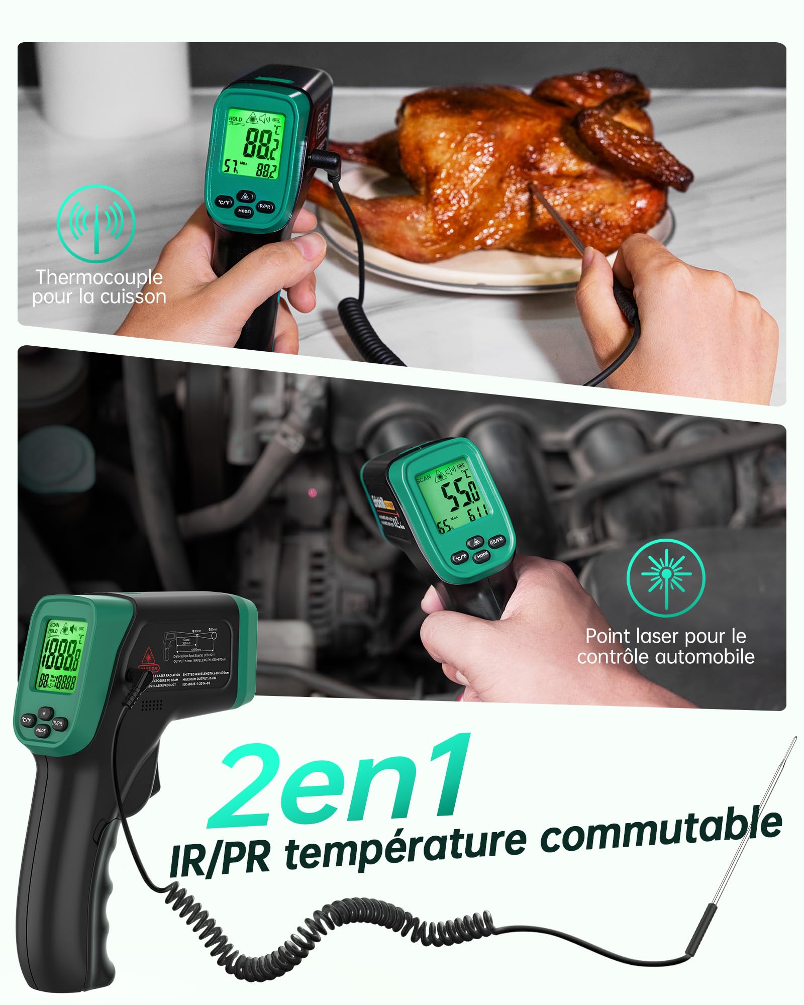 Thermomètre infrarouge ERICKHILL de -50 °C à 800 °C, thermomètre laser numérique sans contact avec sonde à viande de -50 °C à 300 °C, émissivité réglable - Convient pour la cuisson/grillage