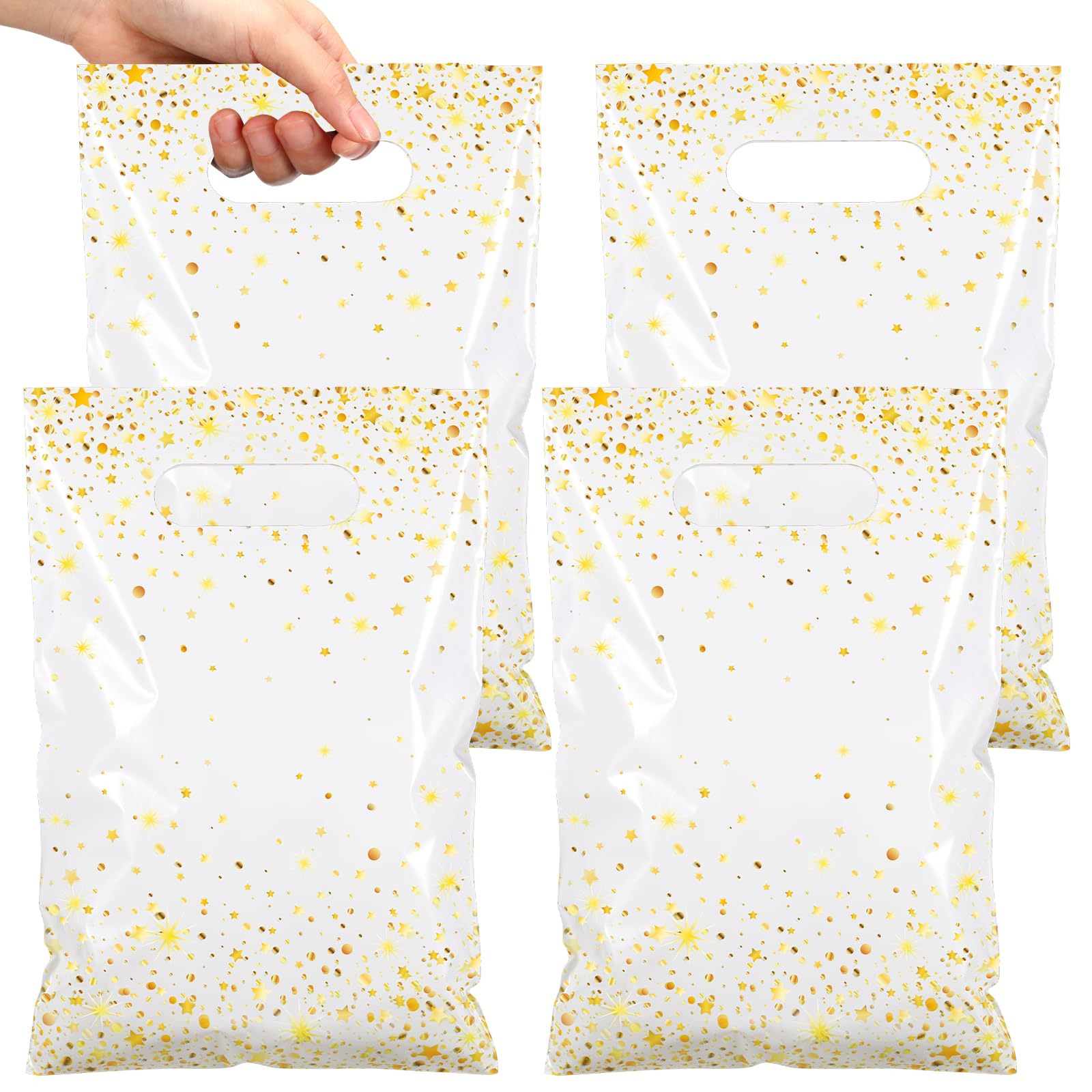 Pasimy 50 Pcs White and Gold Party Favor Gift Bags Die Cut Plastic Treat Goodie Merchandise with Handle for Birthday Party Wedding Bridal Baby Shower