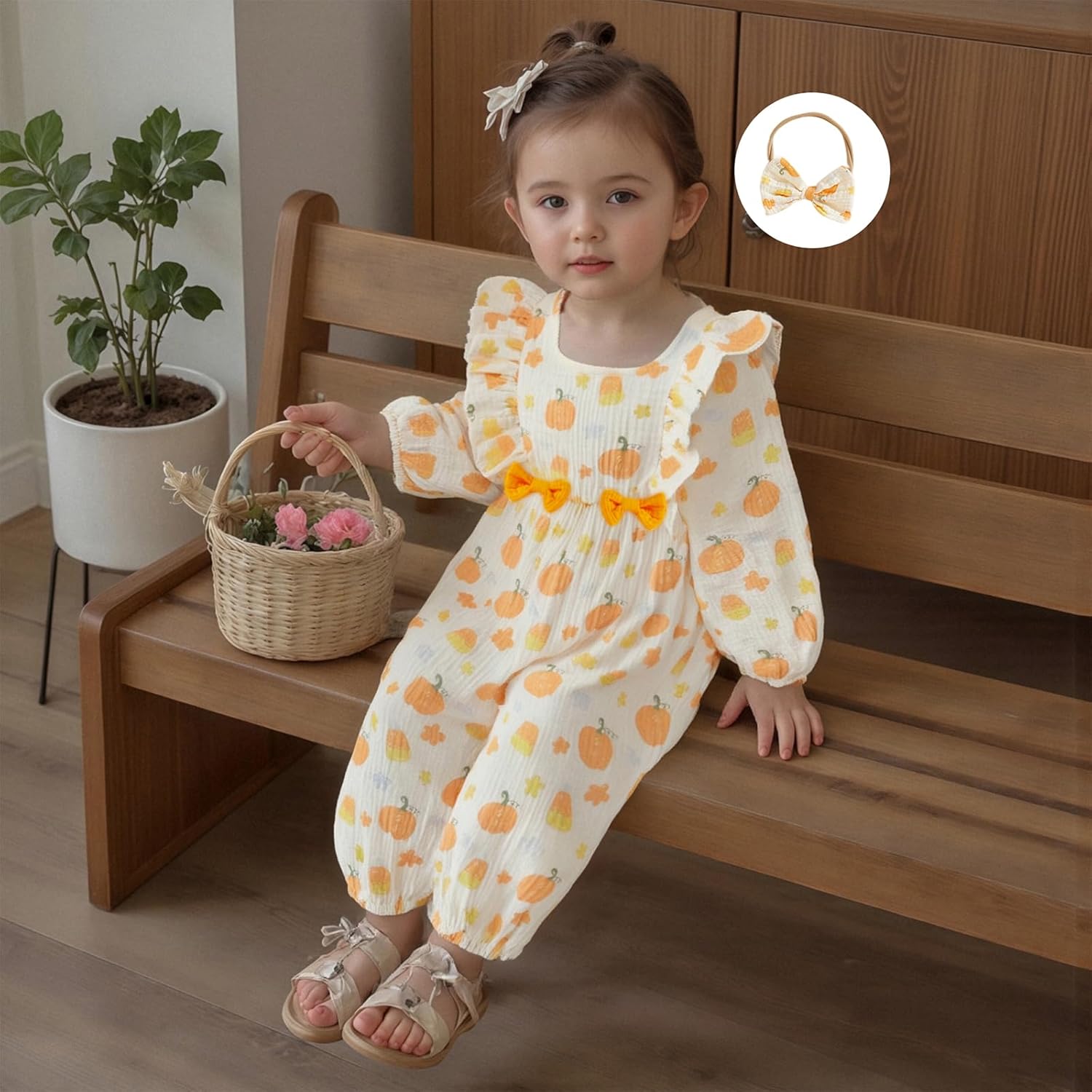 Infant Baby Girl Halloween Outfit Cotton Linen Pumpkin Bubble Jumpsuit Romper Ruffle Sleeve Long Overalls with Bow - Image 2