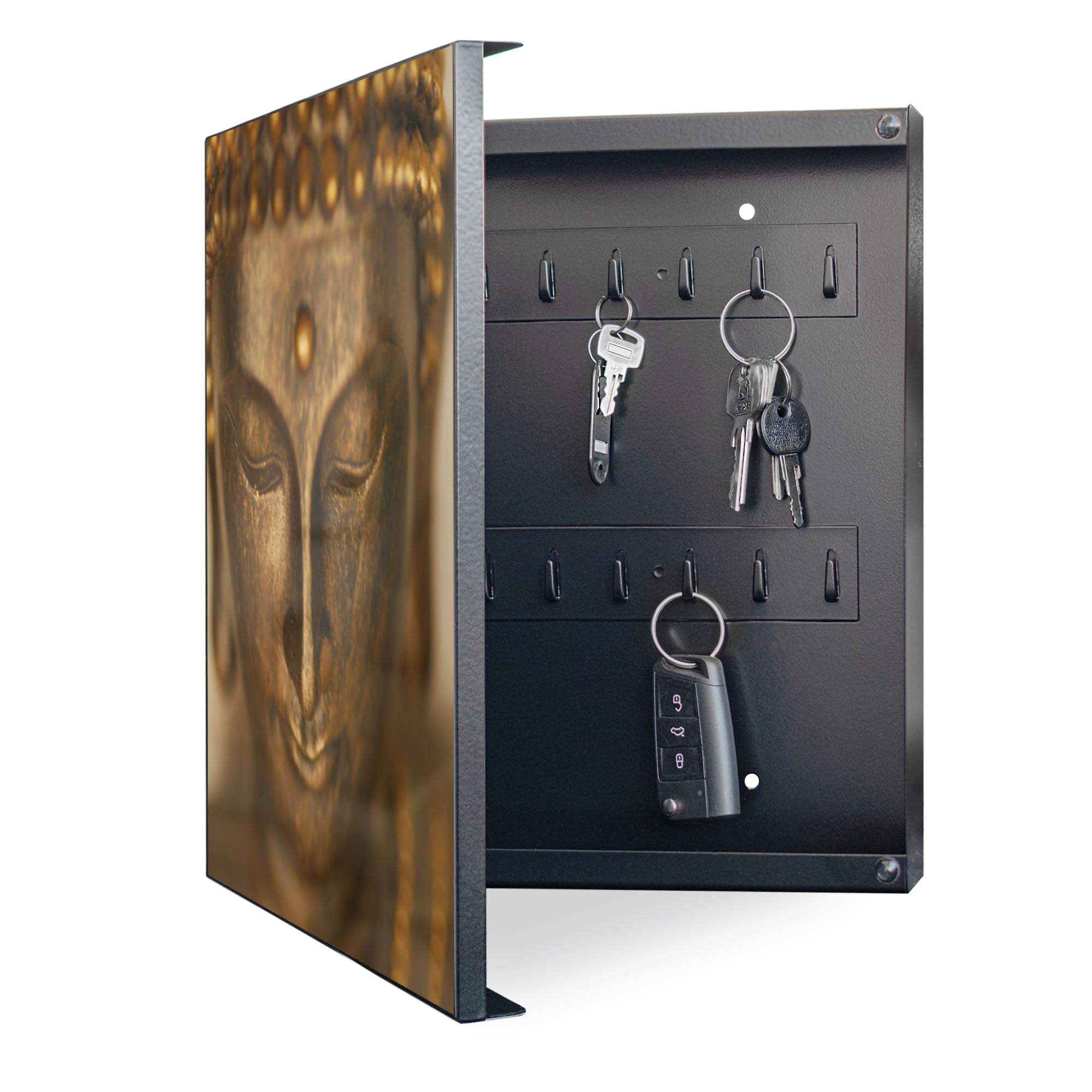 banjado Großer Schlüsselkasten Metall - Schlüsselbox 30x30cm beschreibbarer mit 32 Haken - Schlüsselkasten modern für Schlüsselaufbewahrung - Korpus Schwarz Scharnier Links - Motiv Buddha Gold