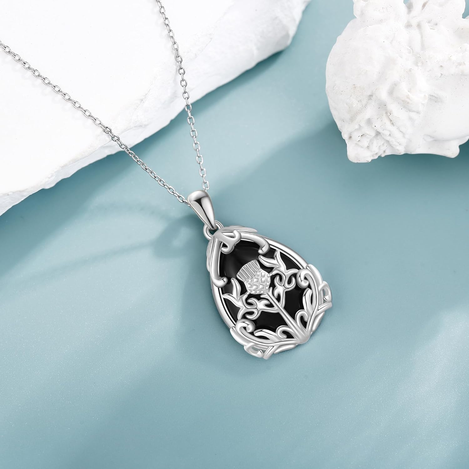 Scottish Thistle Necklace for Women 925 Sterling Silver Black Onyx Pendant Necklace Thistle Jewelry Scottish Gifts - Image 3