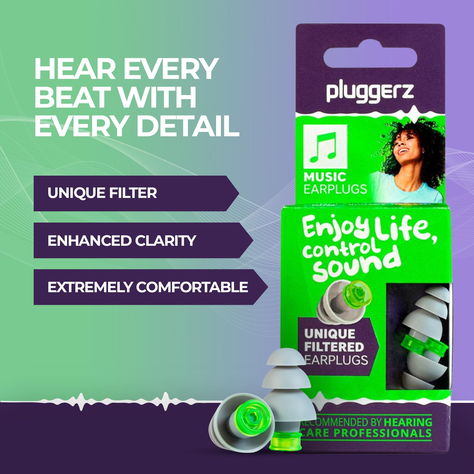 Pluggerz Enjoy Music Earplugs, Skin-Friendly Material Ear Plugs with Filter, 23–28 dB Noise Reduction Rating, Universal-Fit Hearing Protection for Concerts, Festivals, Musicians & Events, 1 Pair