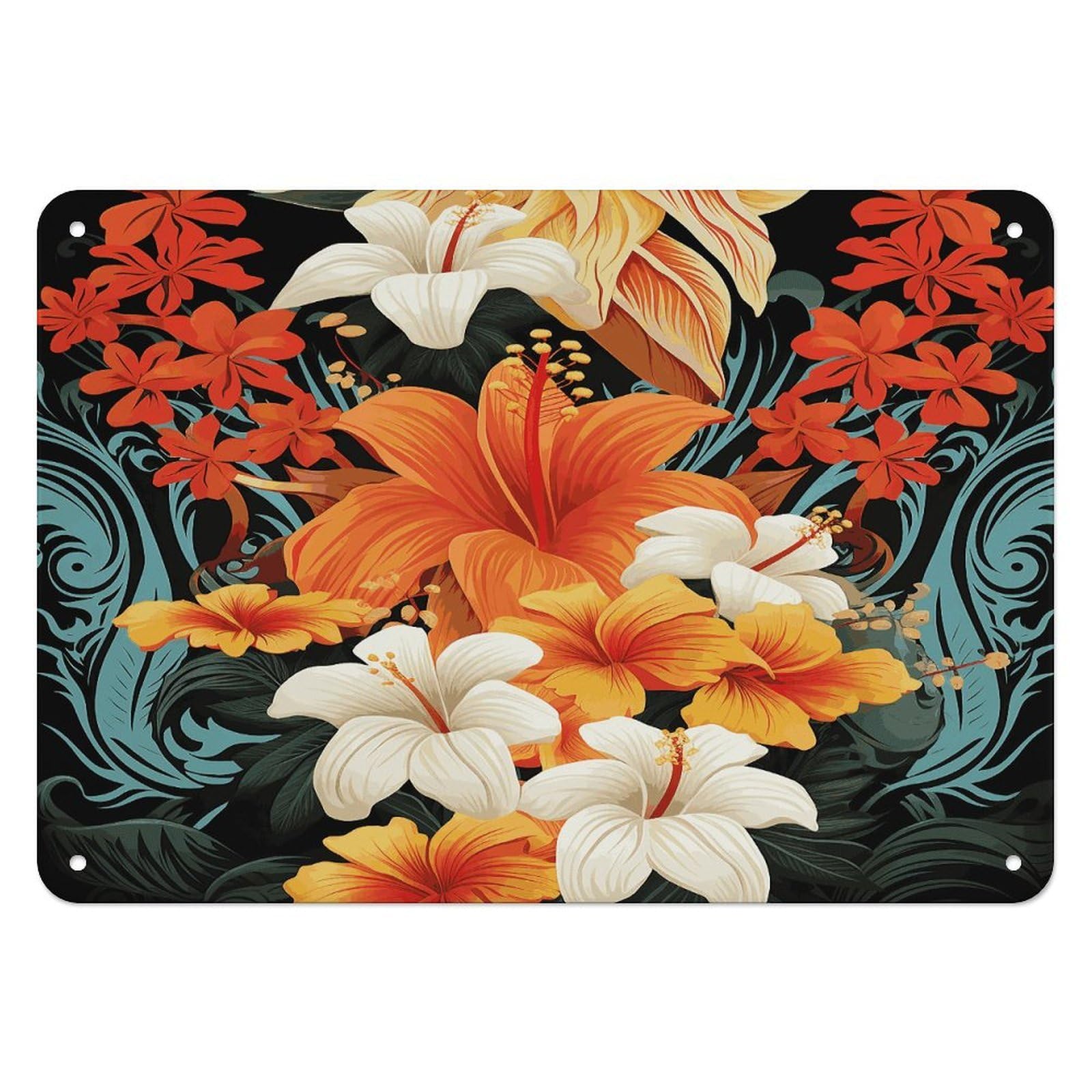 Fodpand Style Flowers And Hawaiian Tribal Patterns On Black Background Retro Vintage Metal Tin Sign,Wall Art Decor Garden Plaque Poster For Bedrooms Yard Bars Pubs Patios Porches 7.9X5.5 Inch