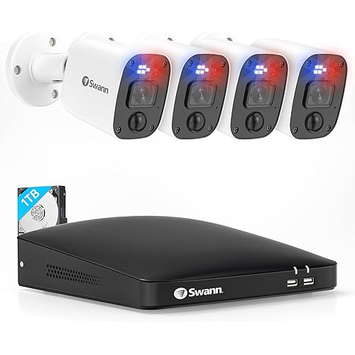 Swann Home DVR Security Camera System with 4680 1TB recorder,1080p 4Channel 4Cameras,Indoor or Outdoor Wired Surveillance,Color Night Vision,Heat & Motion Detection,SwannForce Red&Blue Flashing Lights