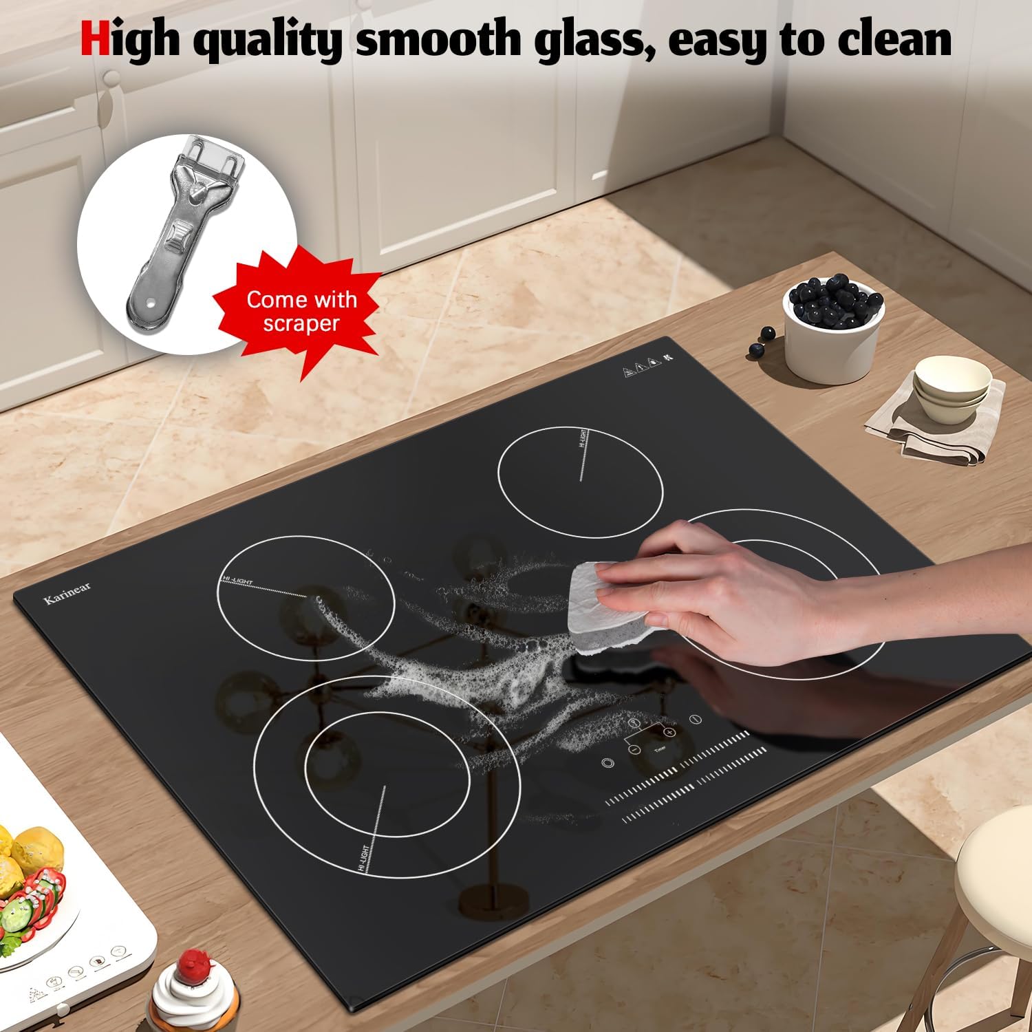 A hand cleaning the Karinear electric cooktop with a scraper and cleaning solution.