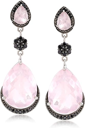 Ross-Simons Pendientes colgantes de espinela negra de 22,20 qt. t. t. de cuarzo rosa y 1,00 qt. t. t. t. en plata de ley, Gema, multi Cuarzo Espinela
