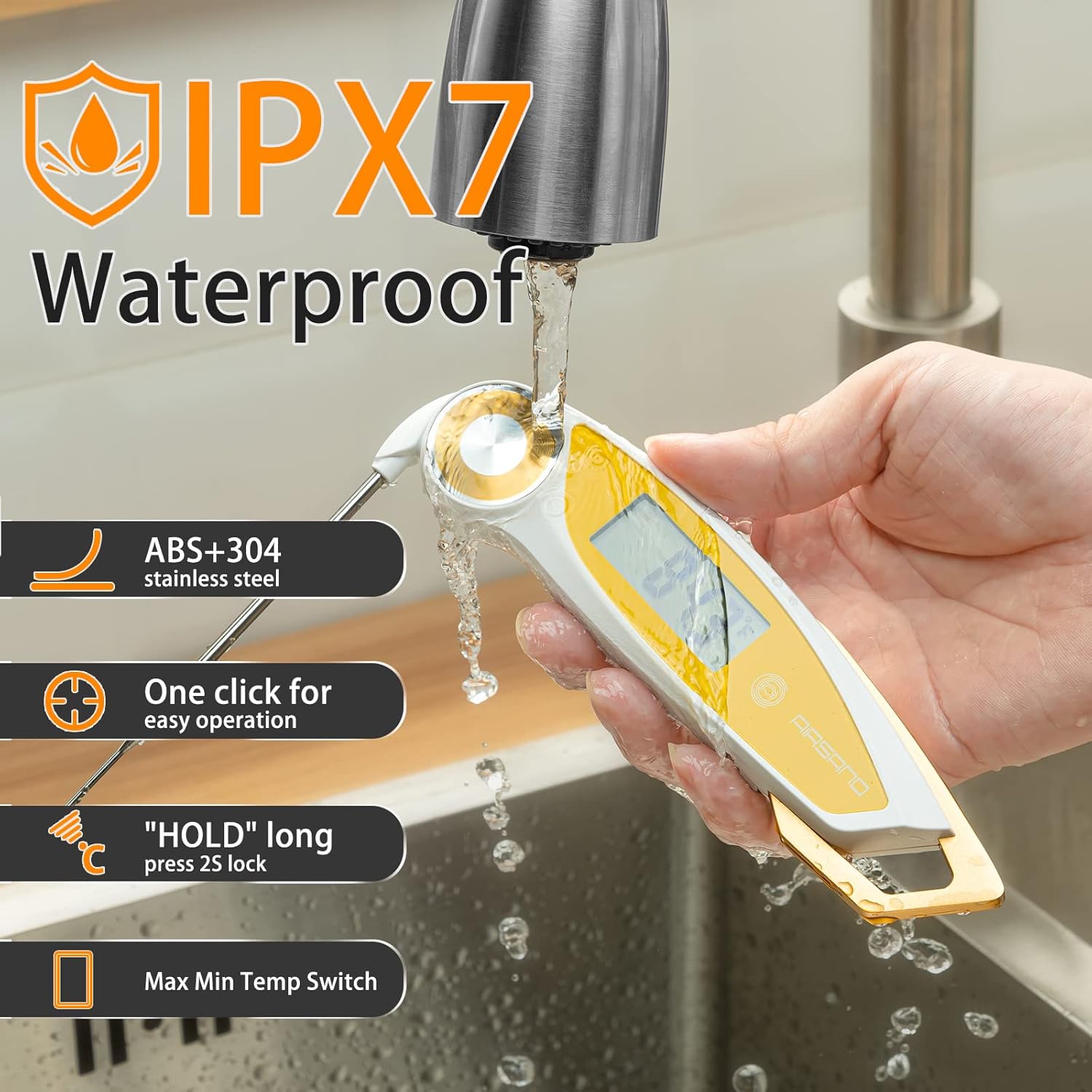 review AIRSAND Instant Read Meat Thermometer for Grill and Cooking, Best Waterproof Ultra Fast Thermometer with Backlight, Digital Food Probe for Kitchen, Outdoor Grilling and Candy, Liquids,Beef