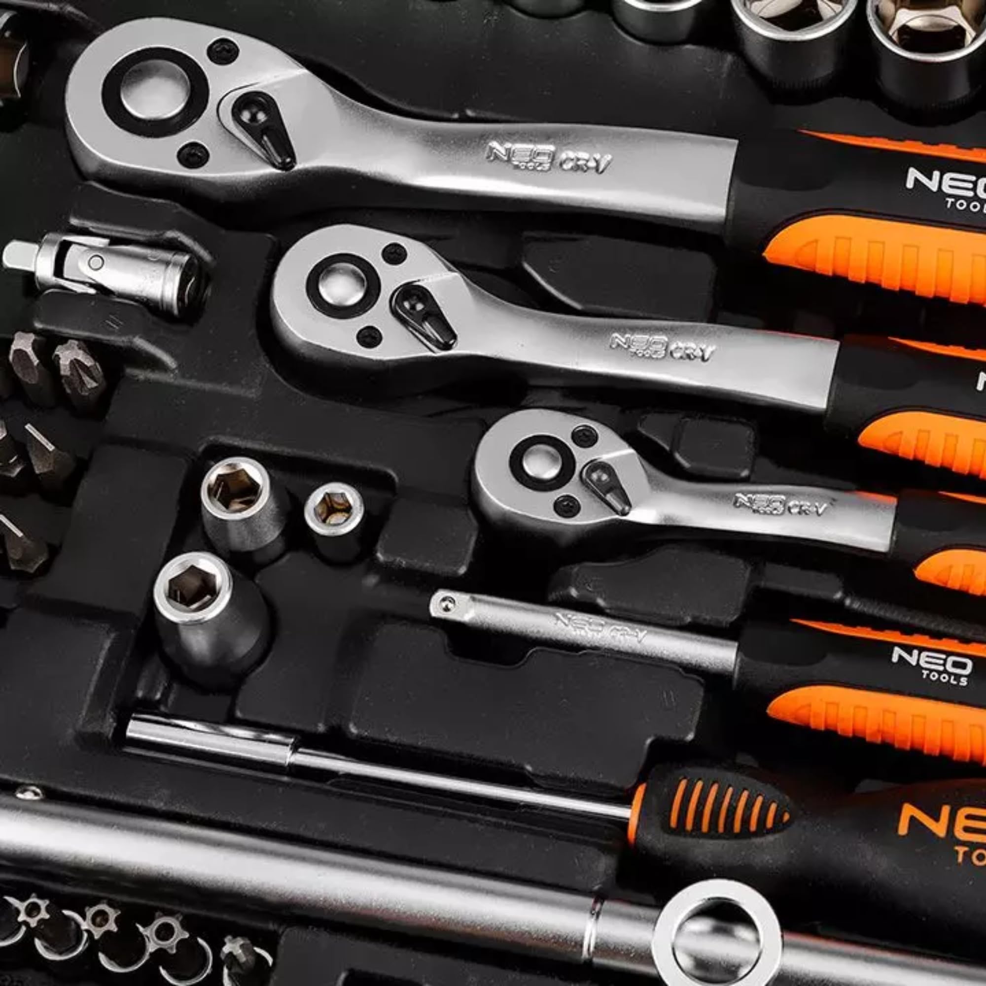 NEO TOOLS Set di chiavi a bussola professionale, 220 pezzi, set di chiavi a cricchetto da 1/2" 3/8" | 1/4" in acciaio CrV, cricchetto 72T, chiavi a forchetta e punte, cassetta degli attrezzi, attrezzi 10-220