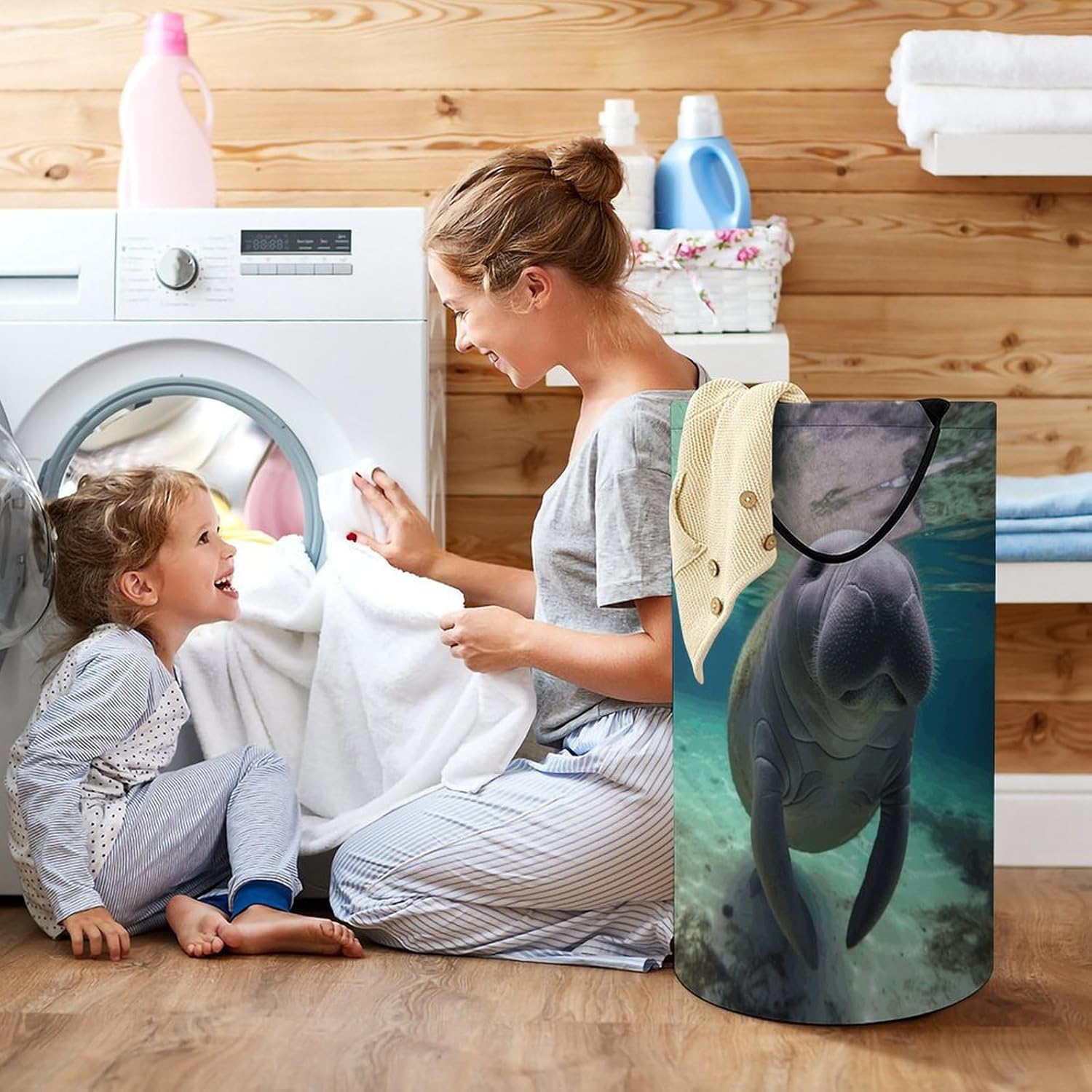 Cute Sea Animal Manatee Laundry Hamper with Handles Waterproof Collapsible Laundry Basket Large Lightweight Round Dirty Clothes Hamper for Home Dorm Bathroom Decor