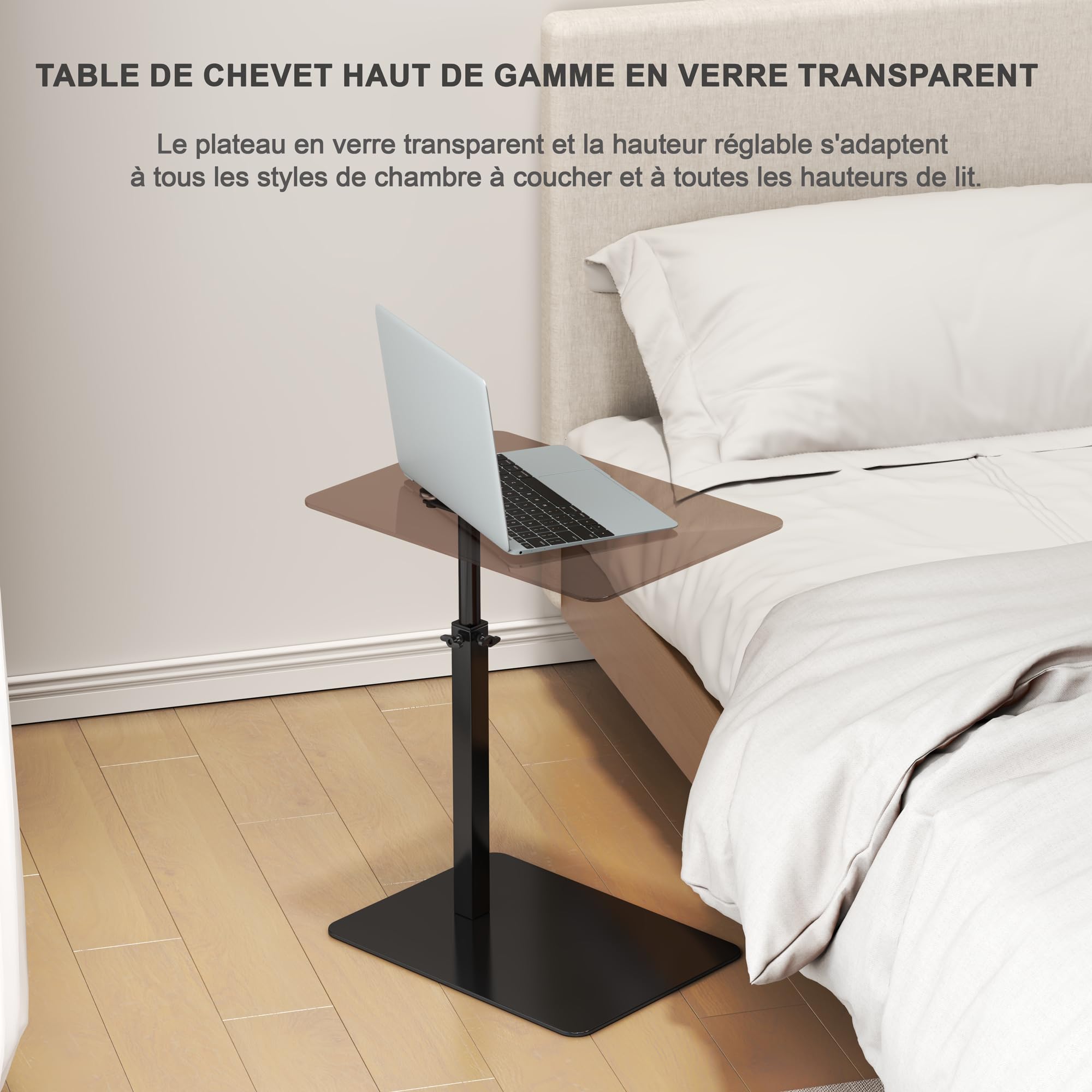 Mesa auxiliar de cristal en forma C, altura ajustable, base de metal, mesa auxiliar para sofá/cama, mesa giratoria de 360°, mesa auxiliar móvil para salón, color negro y transparente. (negro)
