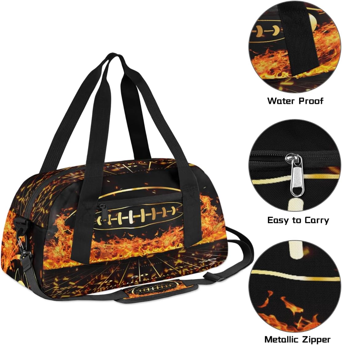 Gym Travel Duffle Bag for Boys - Fire Football Kids Overnighter Weekend Bag with Front Zipper Pocket for School Practice, Teens Carry-On Size Sleepover Bags - Image 3