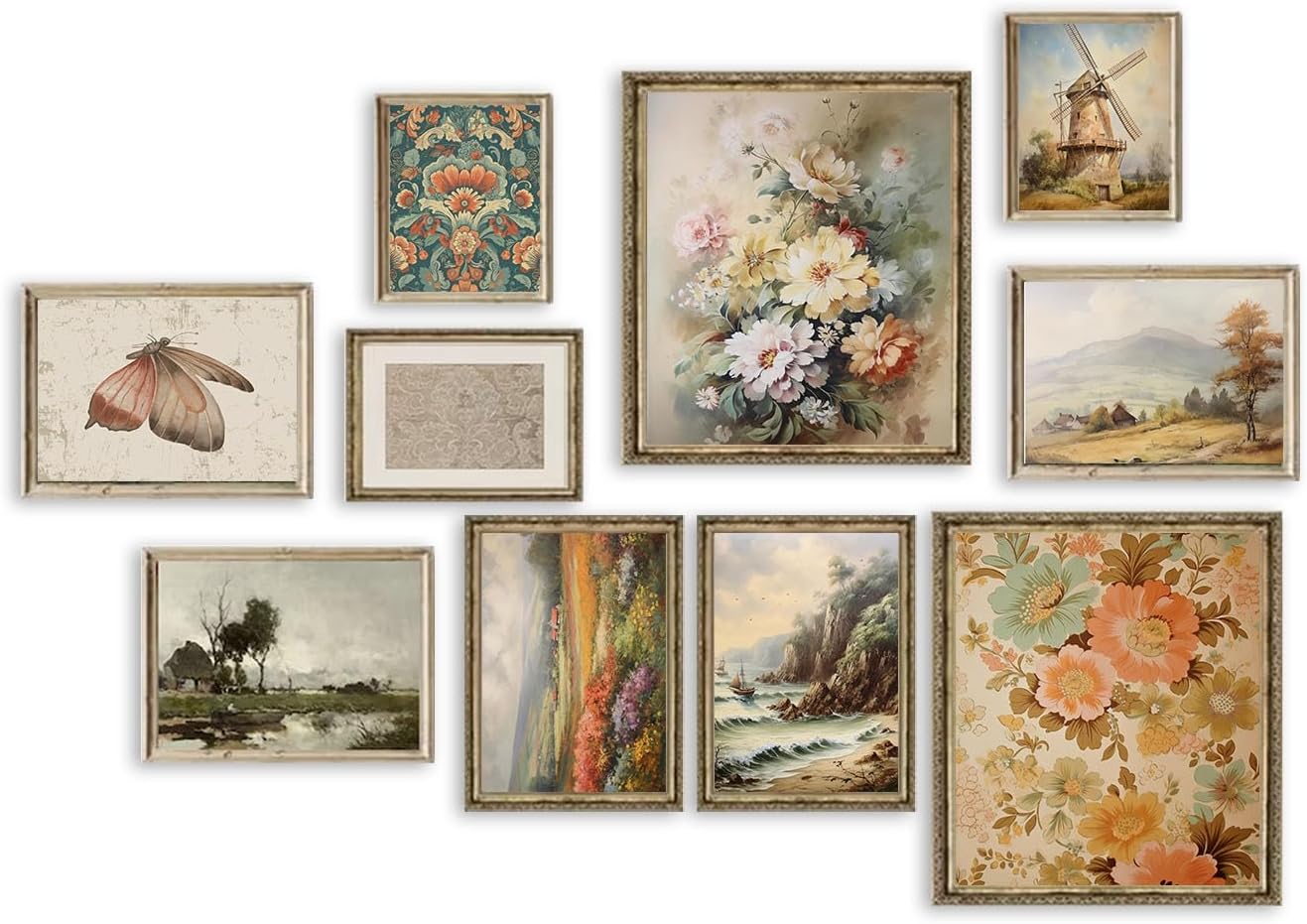 Vintage Gallery Wall Art, Warm Aesthetic Vintage Landscape Art Prints, Antique Butterfly Floral Windmills Sailboat Nautical Art Pictures for Home Bathroom