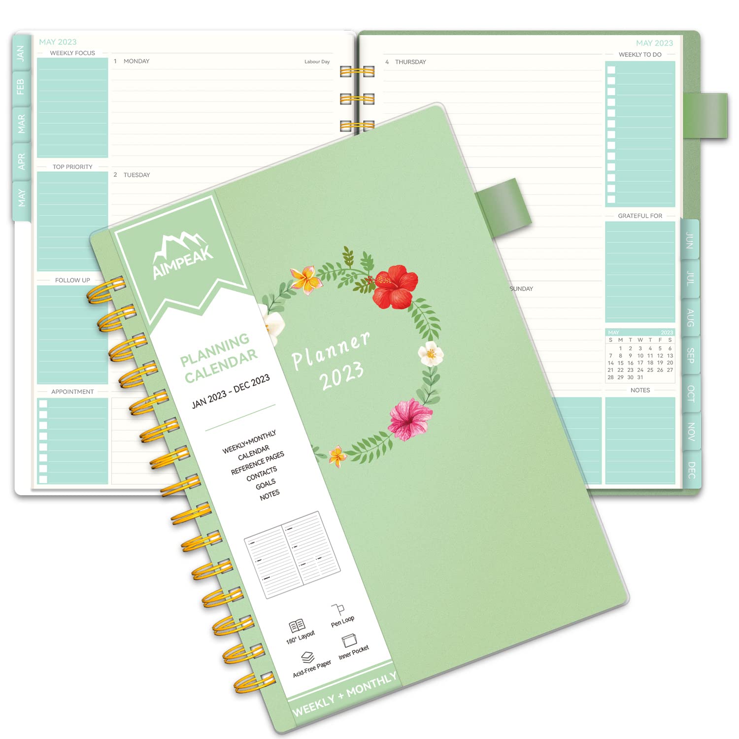 AIMPEAK2023 Weekly & Monthly Planner, Jan. 2023 - Dec. 2023, Planner 2023, Monthly Tabs, Inner Pocket, Pen Loop, PVC Waterproof Cover, Notes Pages, Spiral Binding, 138Pages, Green Garland (5.5"x8.5")
