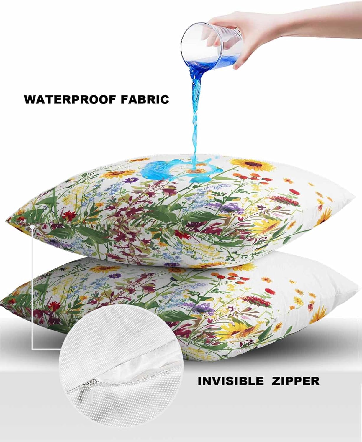 Spring Summer Sunflower Waterproof Outdoor Pillow Covers 24x24 inch, Watercolor Flower Farmhouse Polyester Throw Pillow Covers Garden Cushion Decorative Pillowcases for Patio Couch Decoration