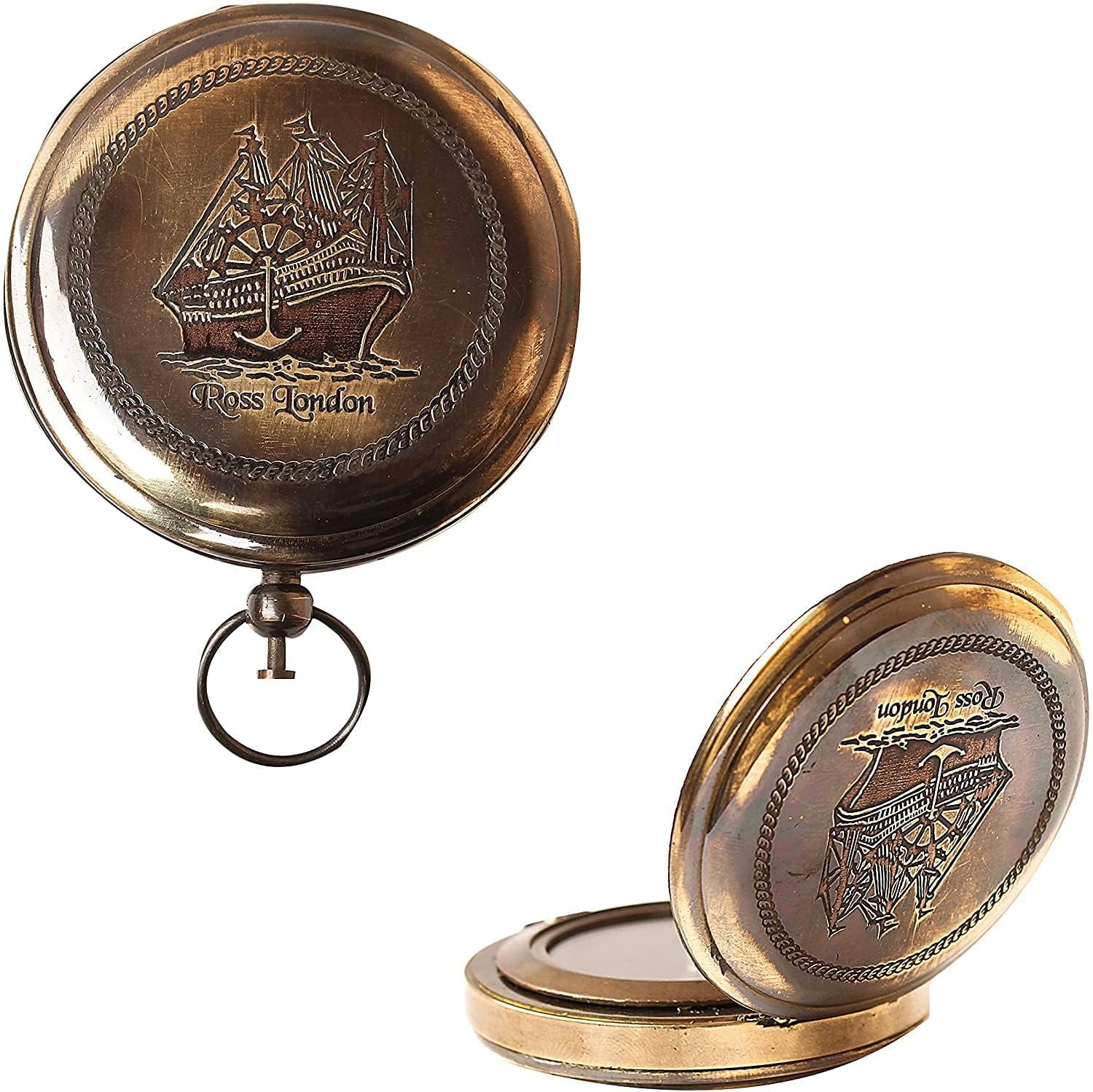 JMM Nautical Handmade of Brass Ross London Marine Navigational Round Pocket Compass-image-18