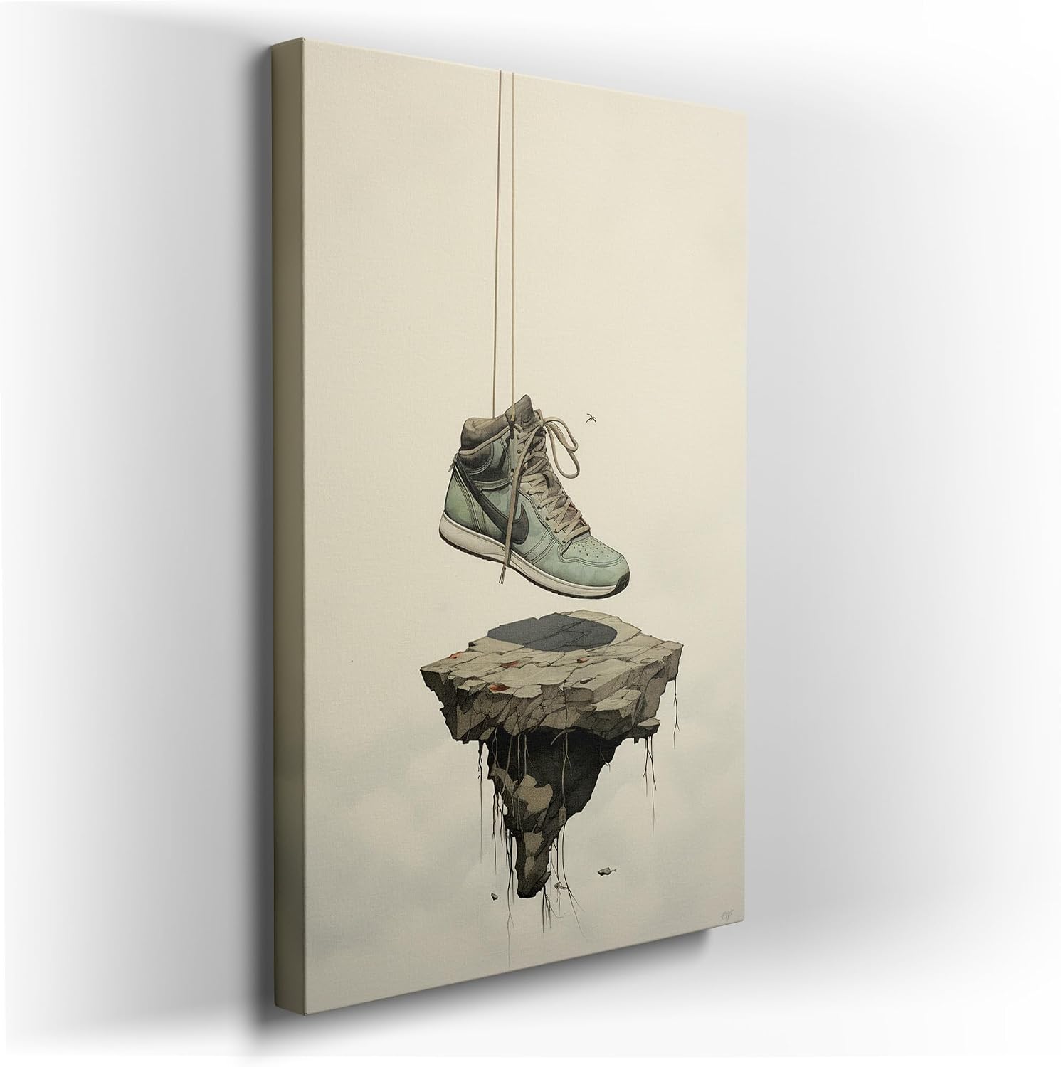 Canvas for Living room. Gravity-Defying Dreams: Surreal Green Sneakers Tethered to Floating Rocks in a Whimsical Sky, 27 x 18 inch Canvas Wall Art - Inspirational Office Decor - 69x46 cm (27x18 inch)