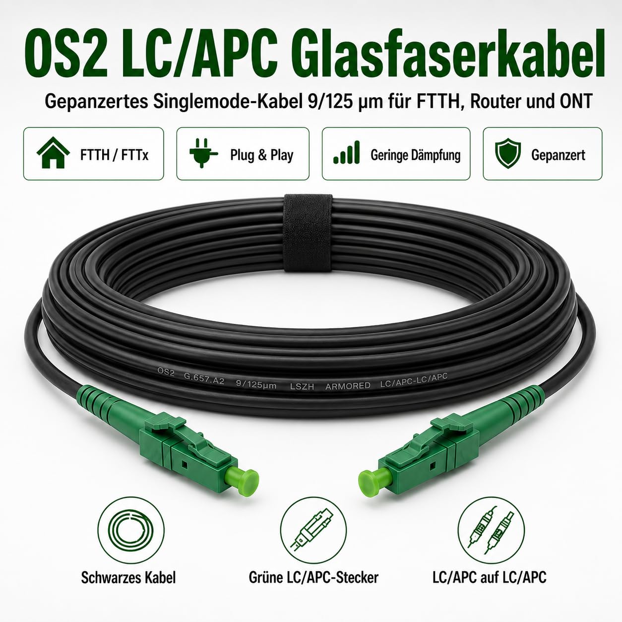Câble Fibre Optique OS2 Monomode Simplex LC/APC vers LC/APC - 70m - 9/125 µm G.657.A2 - Blindé Acier - LSZH RoHS - Faible Perte - Noir