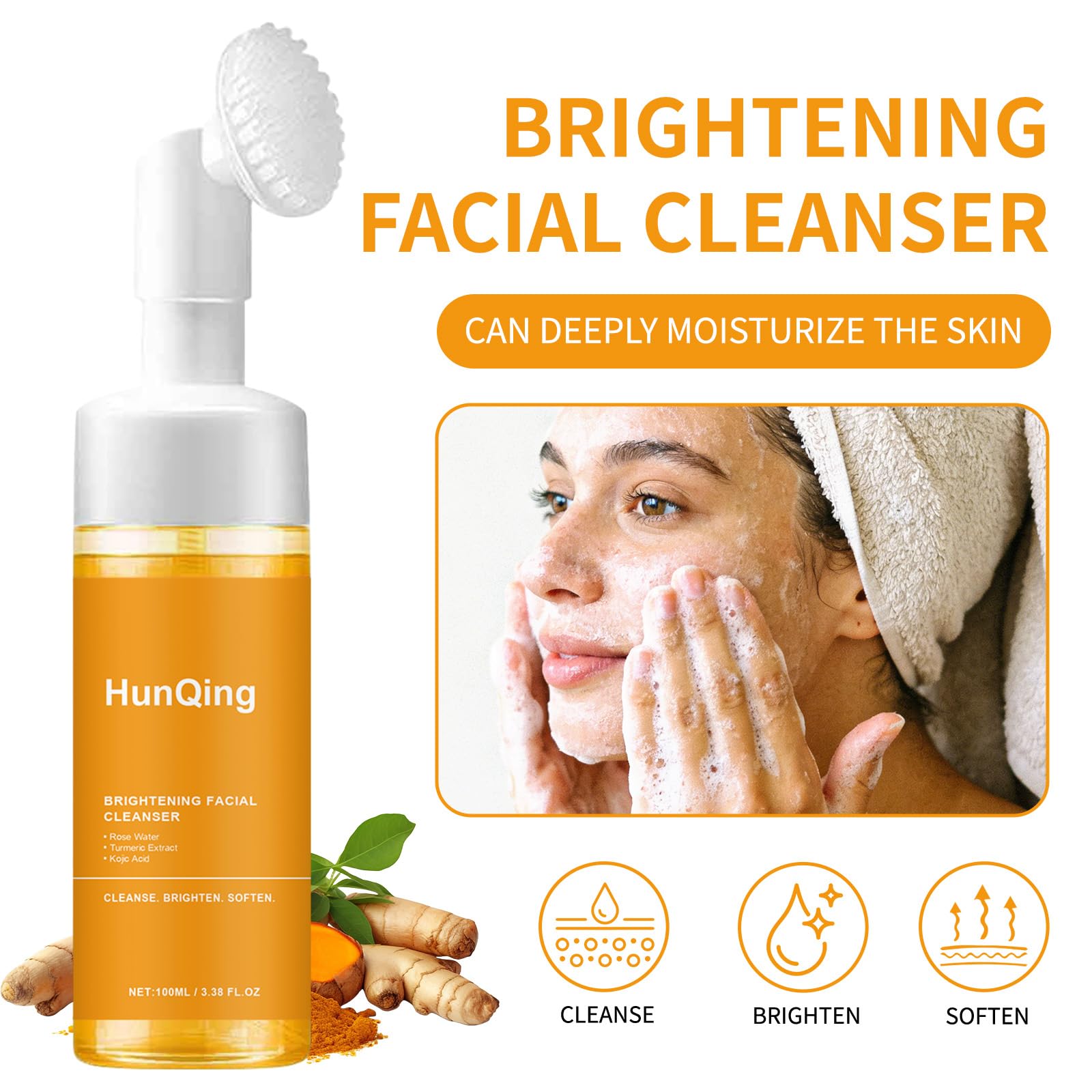 Glow Wash Kurkuma-Gesichtsreiniger mit Bürste, schäumendes Gesichtspeeling, Tiefenreinigung.