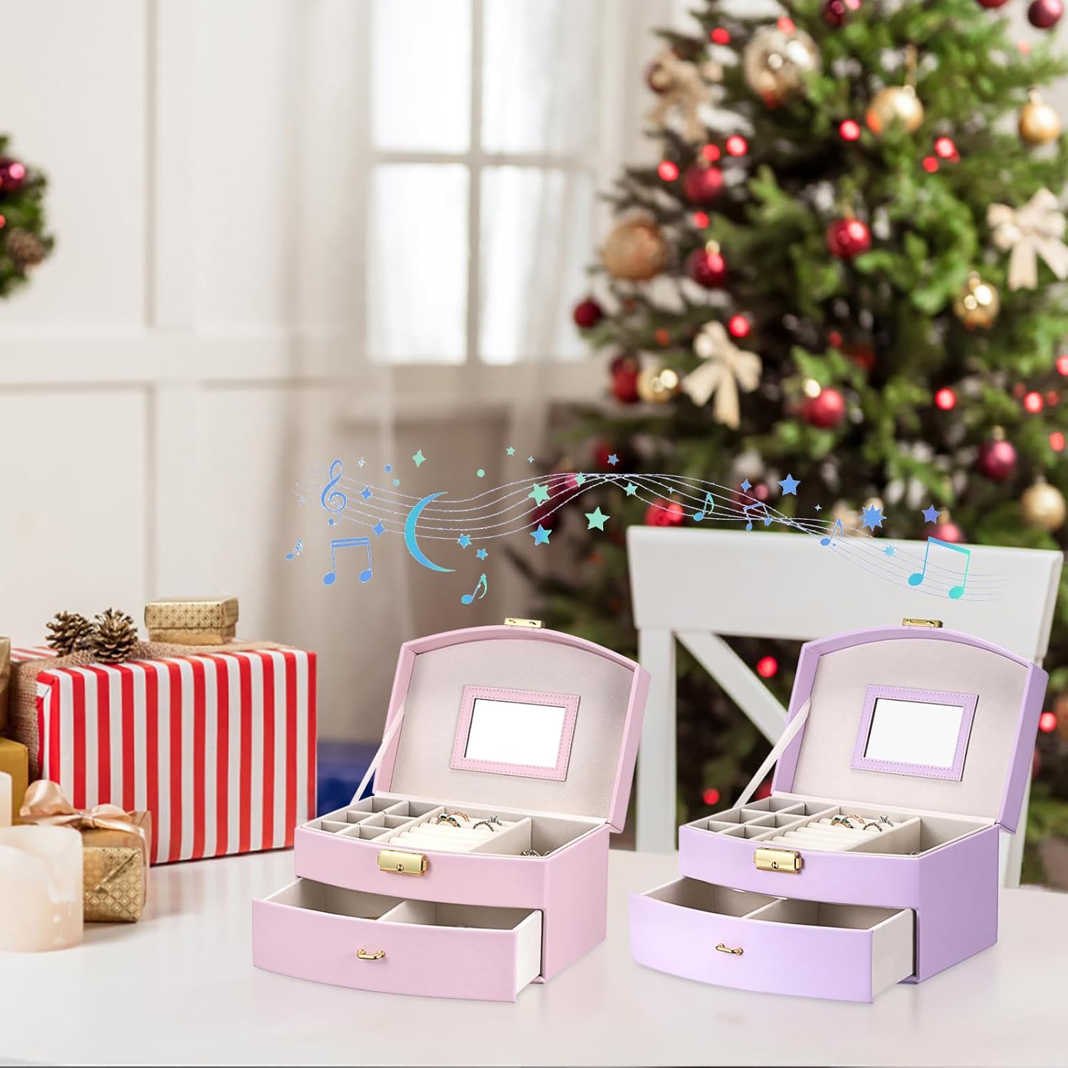 ELLDOO Musical Jewelry Box with Drawer, Purple Music Box Keepsake Box, Small Trinket Jewelry Storage Box Gift for Girls Women (Tune: You are My Sunshine)