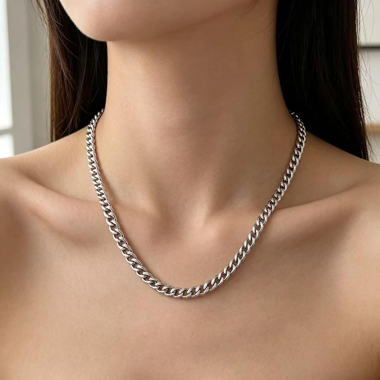 5mm Cuban Link Chains for Men, Silver Stainless Steel Necklace Chain, Neck Chains for Men, Mens Necklace 18, 20, 22, 24 Inch thumbnail