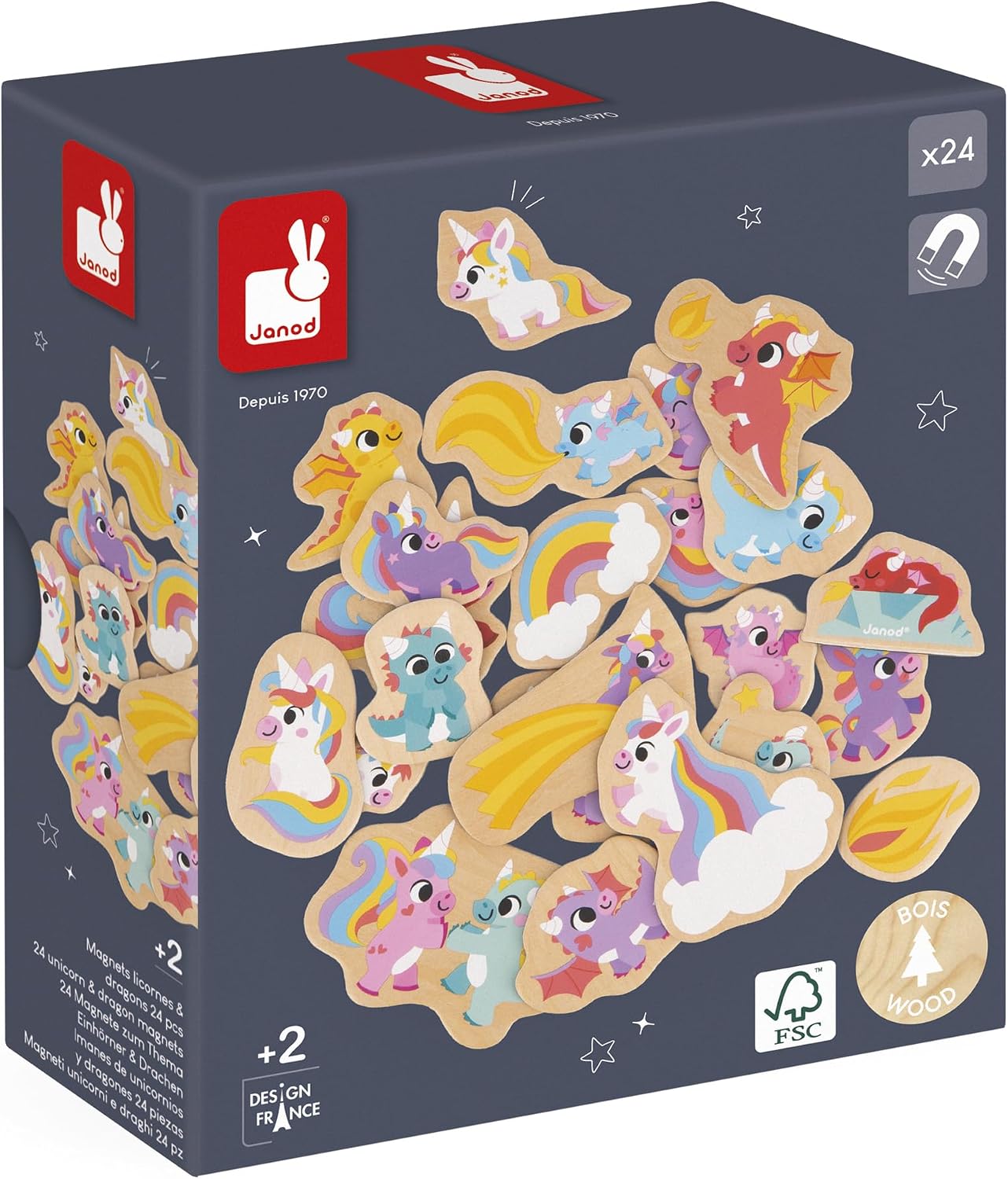 Janod - 24 Wooden Magnets - Unicorns and Dragons Theme - Wooden Toy - Ideal for Board or Fridge - Magnetic Educational Game, for Handling, Experimenting and Having Fun - from 2 Years Old, J09645 | Educational Fridge Toy - Fun Whiteboard Play for Toddlers - Early Learning for Handling and Experimenting - Ages 2+