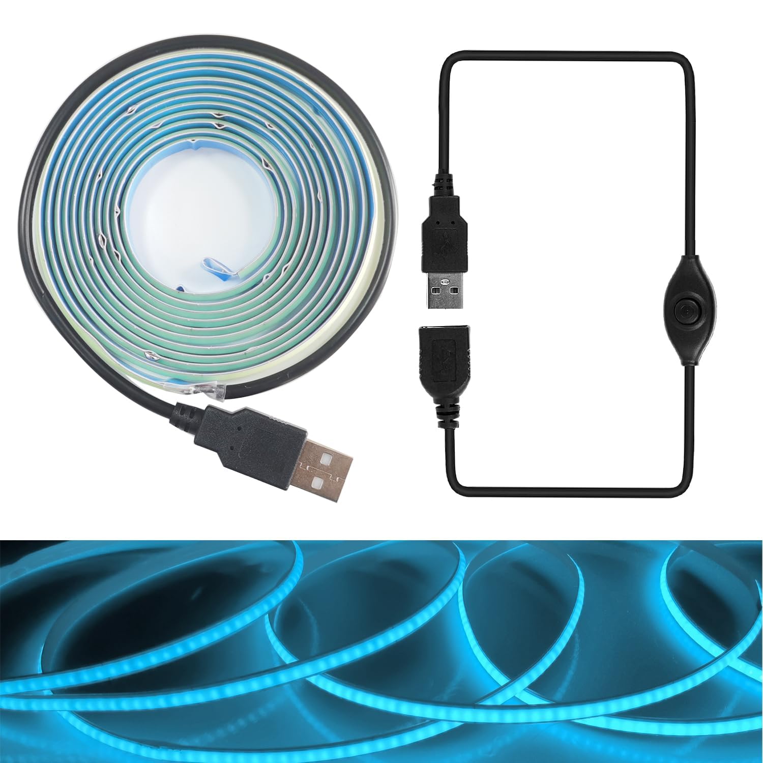 RYE USB Power 2m 5V COB Lightblue LED Strip Light Kit,320LEDs/M,CRI80+,Flexible Rope/Tape Light for TV Monitor Backlight,Mirror,Cabinet,Wardrobe,Cupboard DIY Lighting,Power Supply Excluded.