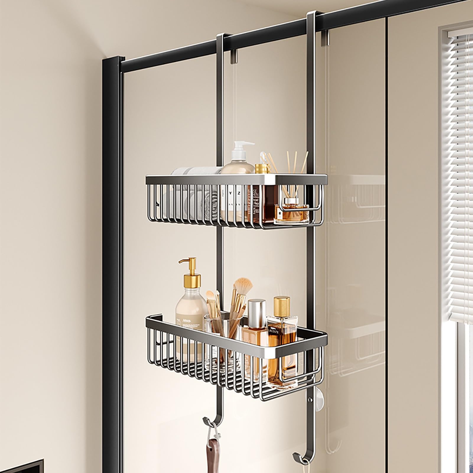 JHDXL 2-Tier Bathroom Shelf, Over The Door Organizer Storage, Hanging Door Organizer, Unit Metal Storage Rack, Ideal for Bathroom, Kitchen, Laundry, Storage, Organization(Gray,30cm/12in)