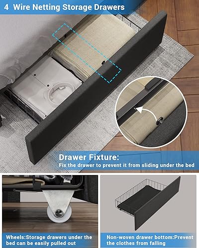 Miniatura 8 de DICTAC Base de cama LED Queen con 4 cajones de almacenamiento y 2 puertos USB moderna plataforma tapizada con almacenamiento y cabecera LED W 3
