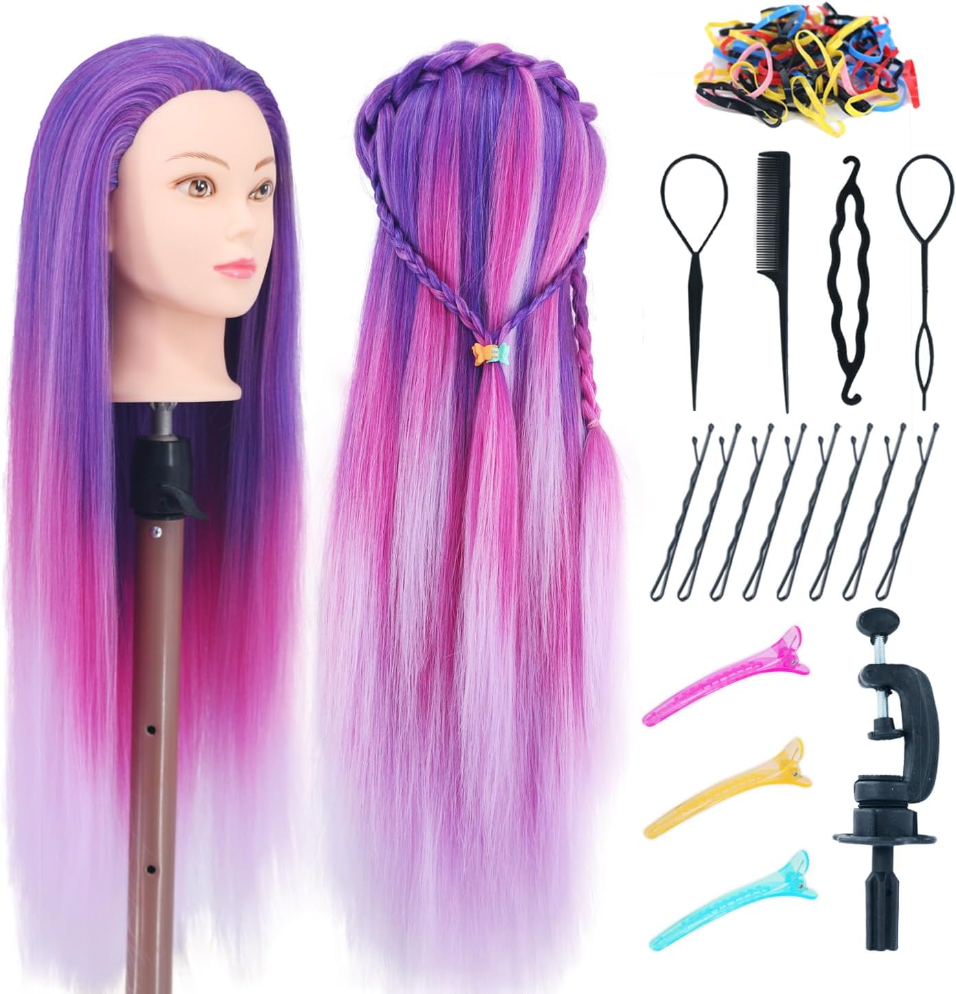 Eumos Mannequin Head with Hair, 29'' Manikin Head with hair Cosmetology Mannequin Head for Hair Styles Hairdressing Practice Training Doll Heads with Clamp Holder and Braiding Kit (Mixed Purple)