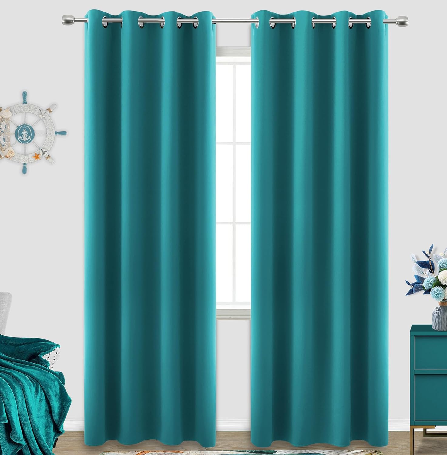 Teal Curtains 84 Inch Length for Living Room 2 Panels Set Grommet Pair Window Treatments Blackout Insulated Drapes Summer Decor Light Energy Saving Darkening Thermal Curtain for Bedroom 84 Inches Long